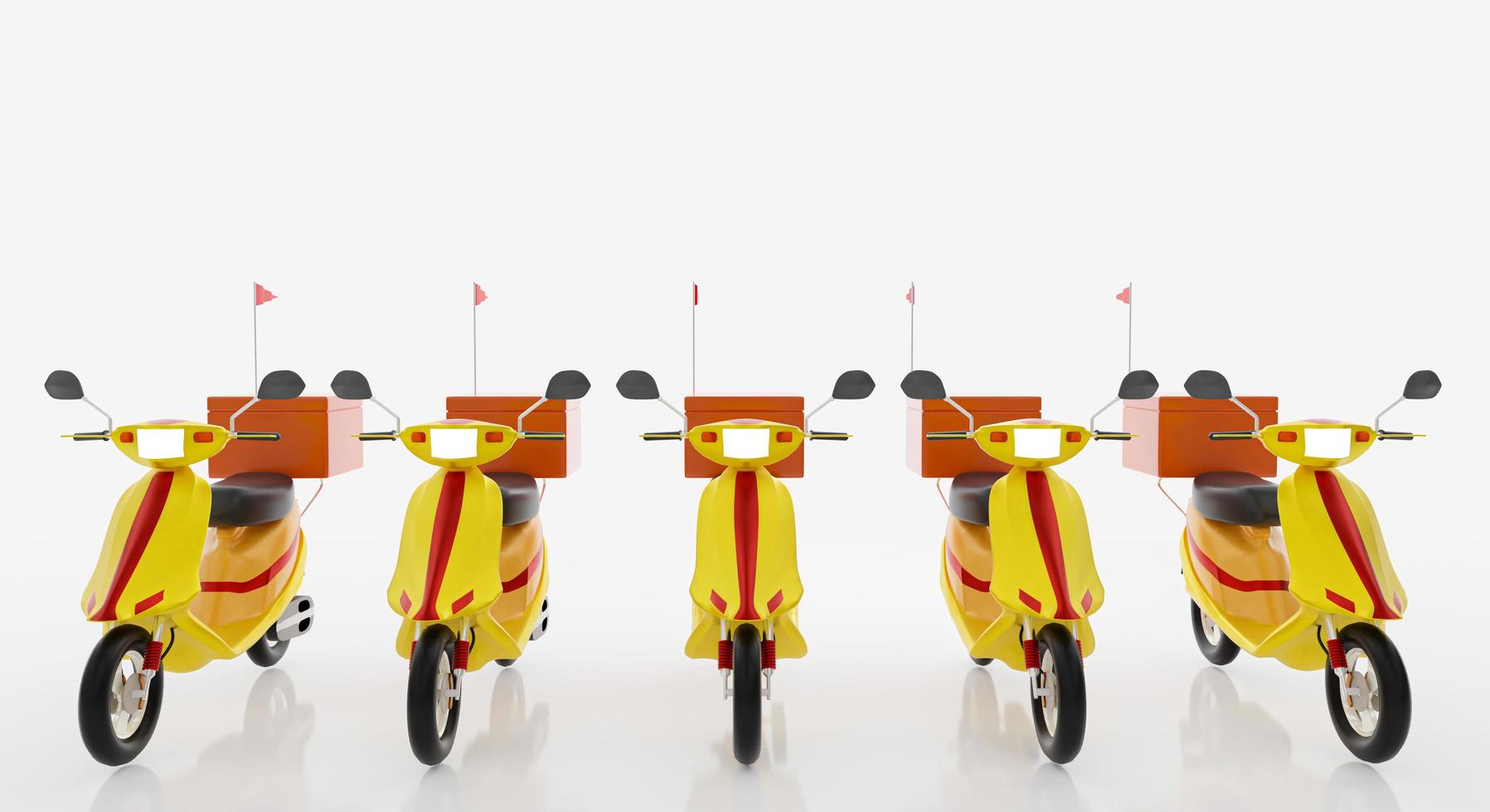 gul modell motorcykel med orange låda och röd frag för konceptmat leverans. isolerad på vit bakgrund och tapeter. 3d-rendering. foto