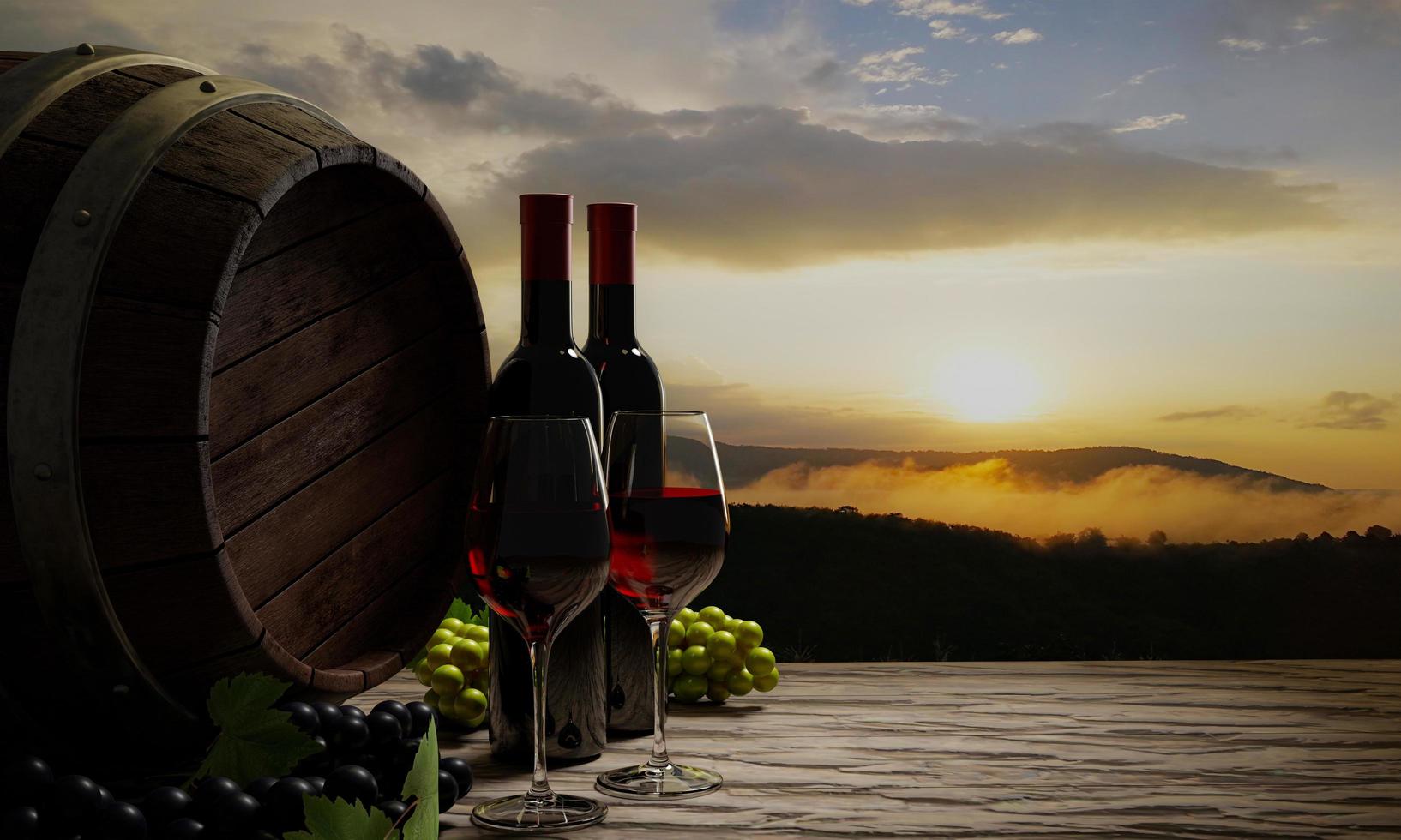 rött vin i klart glas, röda druvor, gröna druvor och vinjäsningstank på ett bord med trägolv eller trädbark. bakgrundsbilden var ett morgonberg. dimma och morgon sun.3d rendering foto