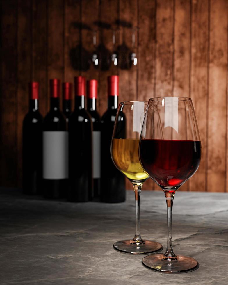 rött och vitt vin i klart glas, många suddiga vinflaskors bakgrunder placerar det på ett cementgolv med en träskivavägg. källaren provsmakning produktionskoncept.3D-rendering foto