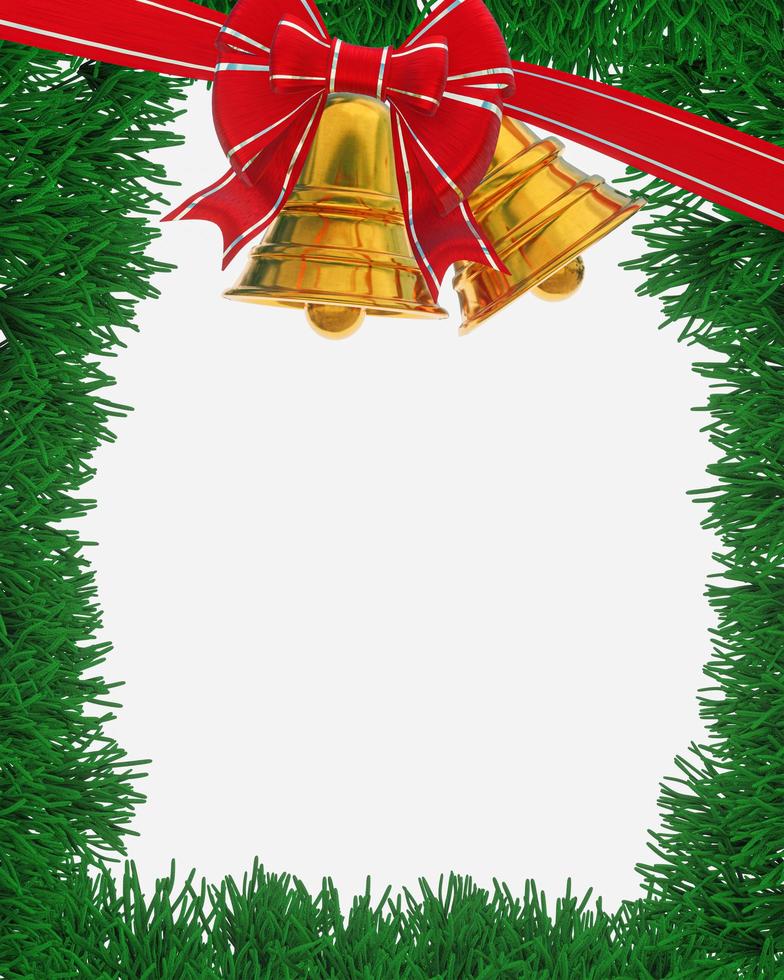 ram eller kantmall för ett julkort. rött band eller rosett, silverkant för presentförpackningar. tallblad för juldekoration. 3d-rendering foto
