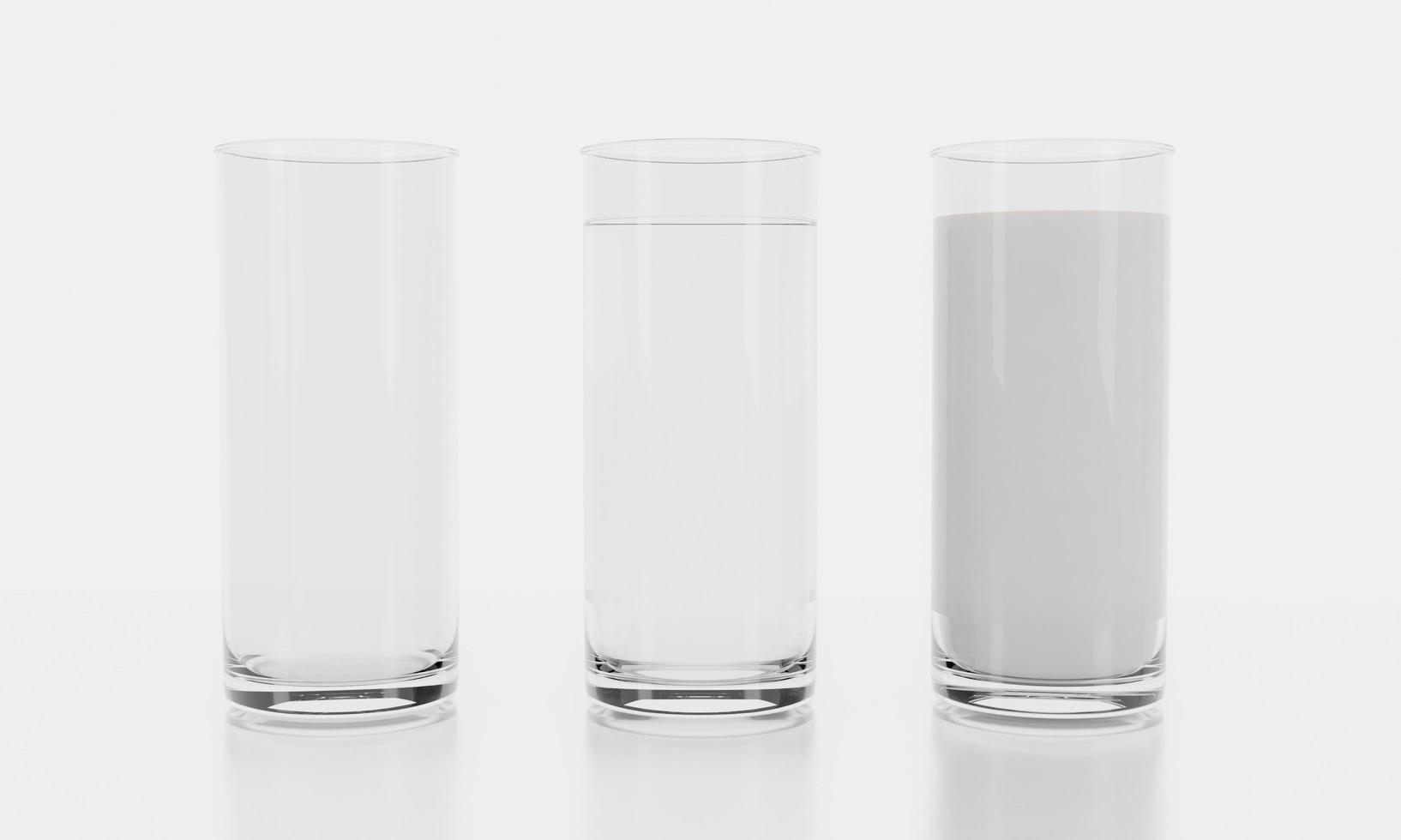 glas på vit bakgrund med reflektion. klart vatten i klart glas. mjölk i klart glas. 3d-rendering. foto