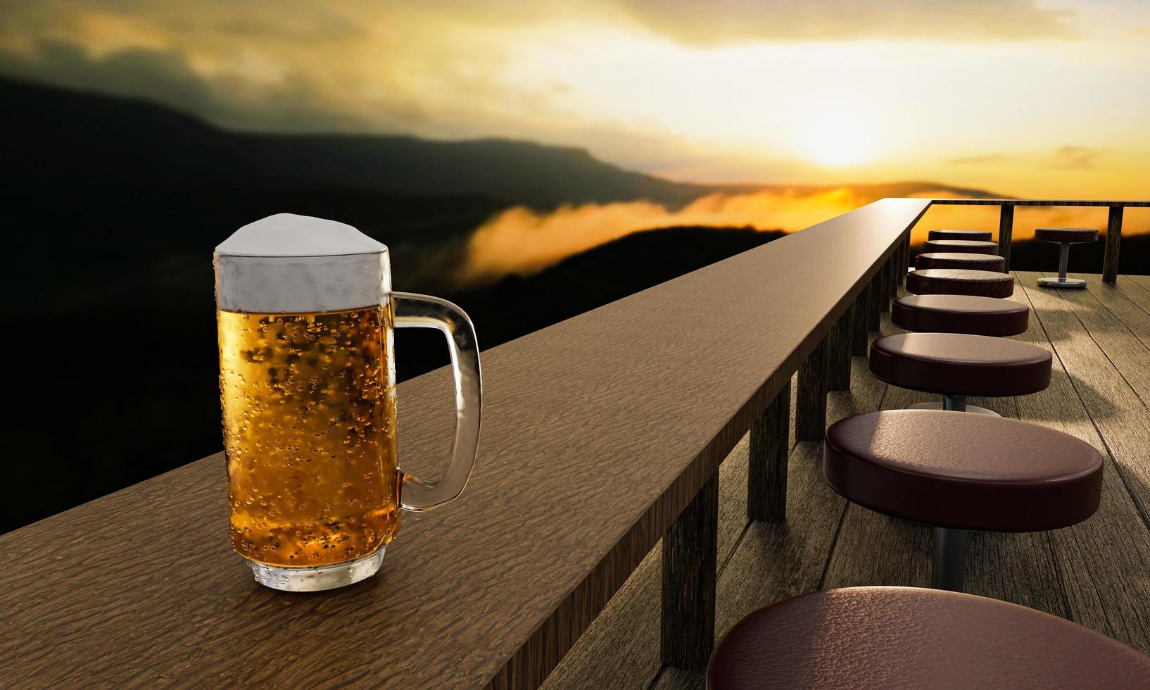 kall öl i en klar glasbubbla och ölskum ställt på ett långt träbord på restaurangterrassen på berget. bakgrunden är komplexa berg och morgonsoluppgångar. 3d-rendering foto