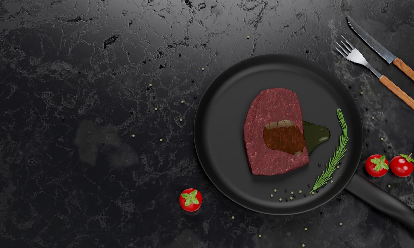 färsk nötkött till biffar med olivolja på toppen lägg på en teflonpanna. krydda av vitpeppar och svartpeppar, dekorerad med körsbärstomater. svart marmor bord finns en kniv och gaffel foto