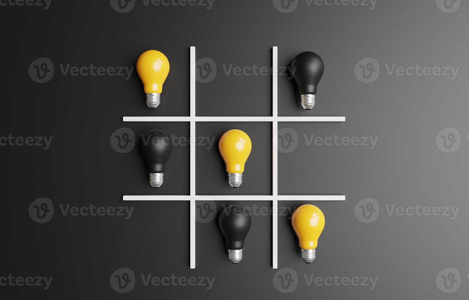 oxe eller tic tac toe-spel genom att använda realistisk gul och svart glödlampa för kreativt smart tänkande för inspiration och innovationskoncept genom 3d-rendering. foto