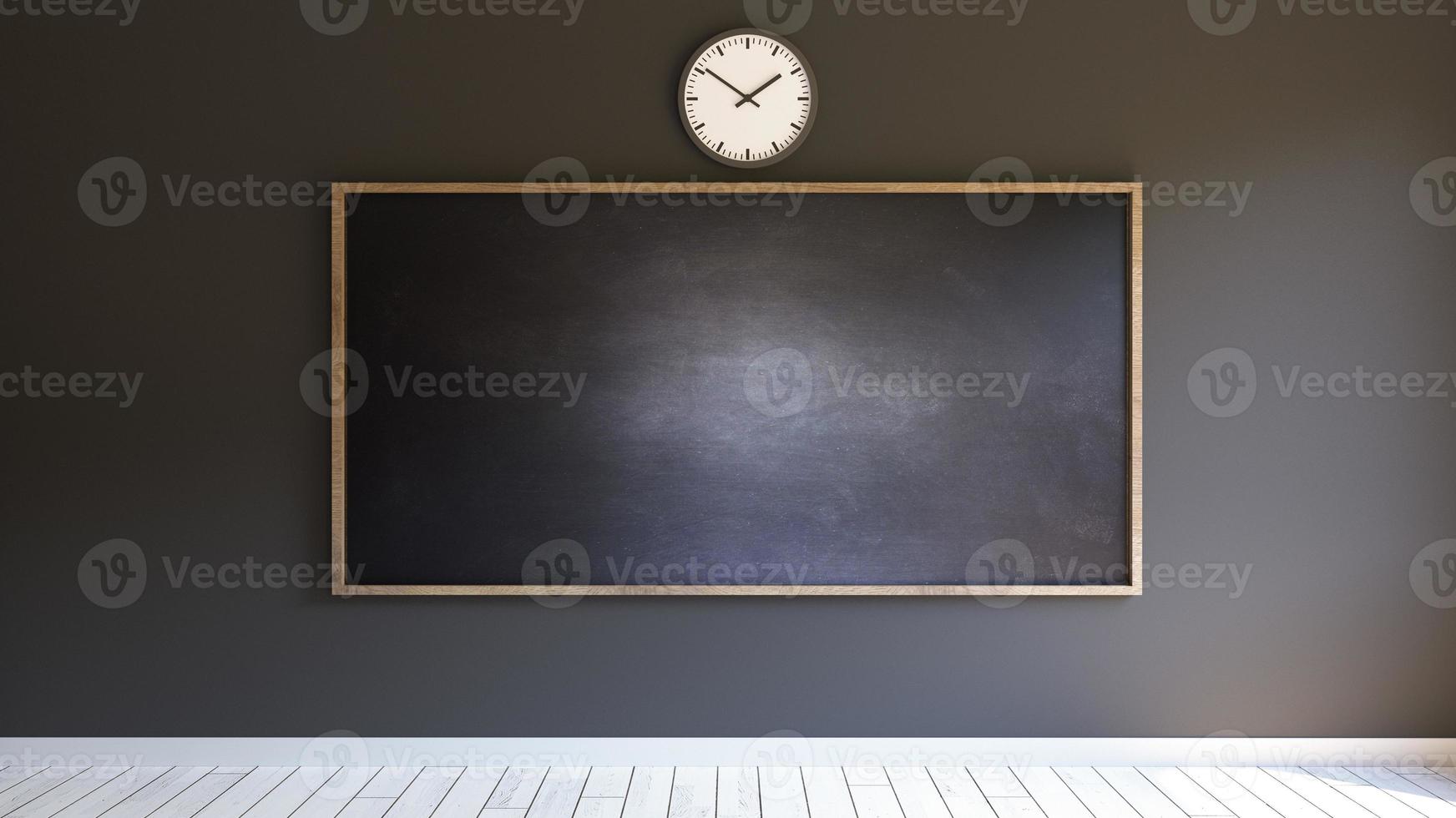 svart tavla i de klassiska skolklassrummen med vitt parkettgolv 3d-rendering foto