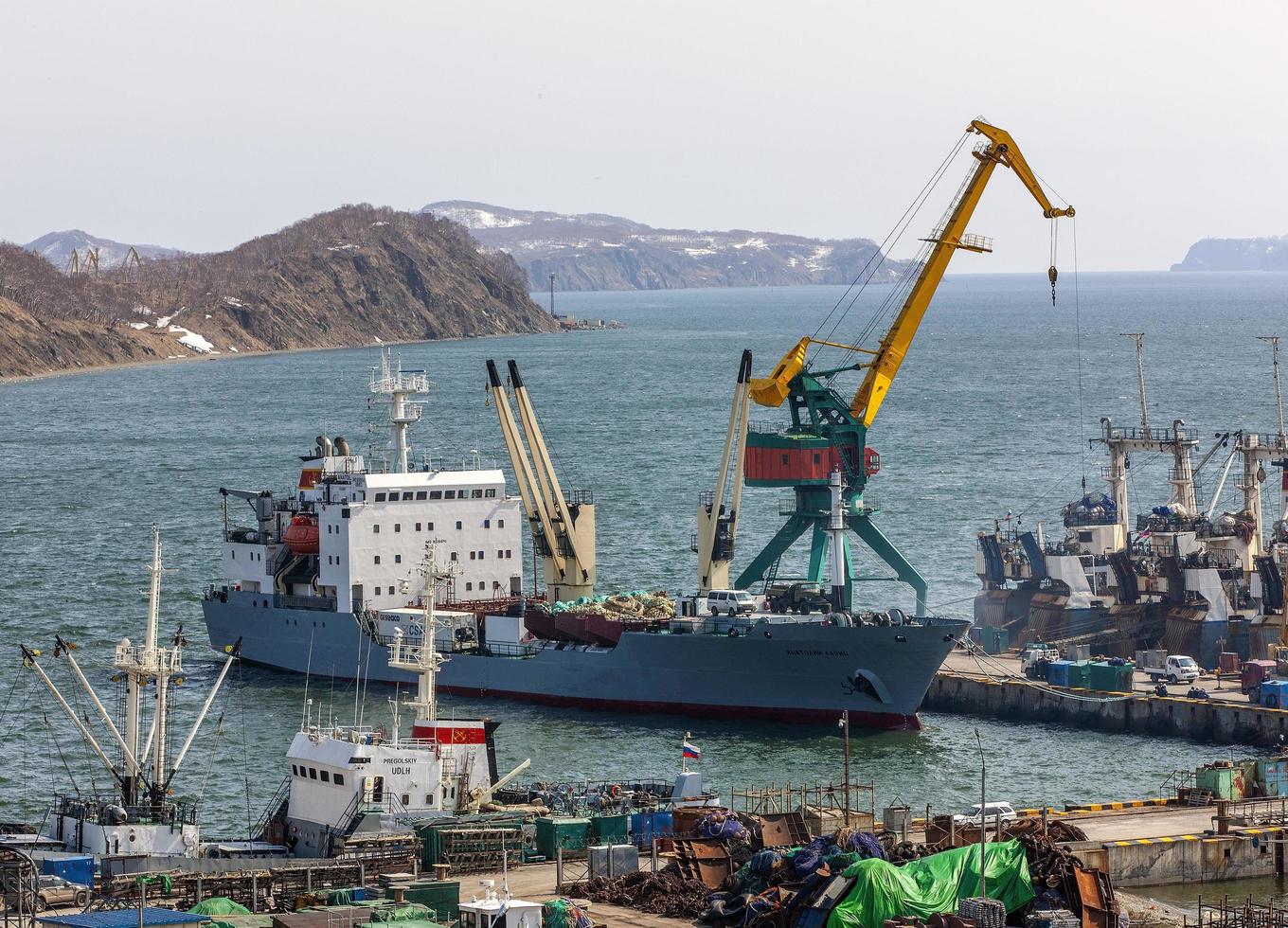 panorama på fartyg vid piren, hamnkranar på kommersiell hamn petropavlovsk-kamchatsky foto