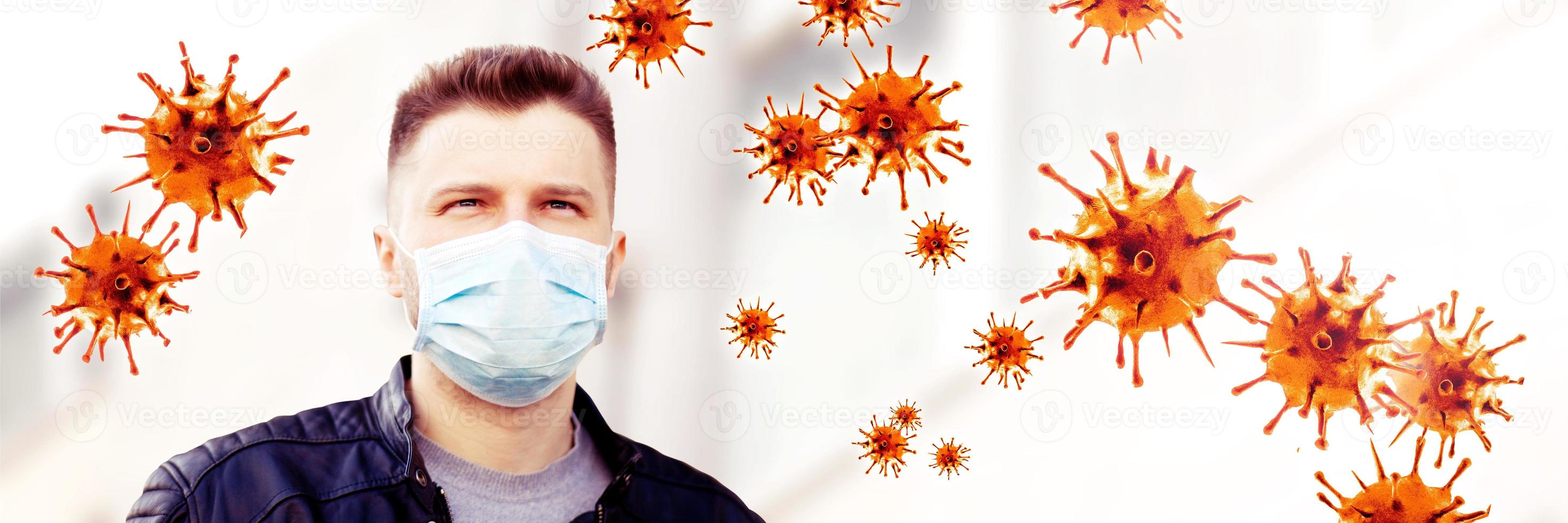 ung man i steril ansiktsmask mot coronavirus. foto