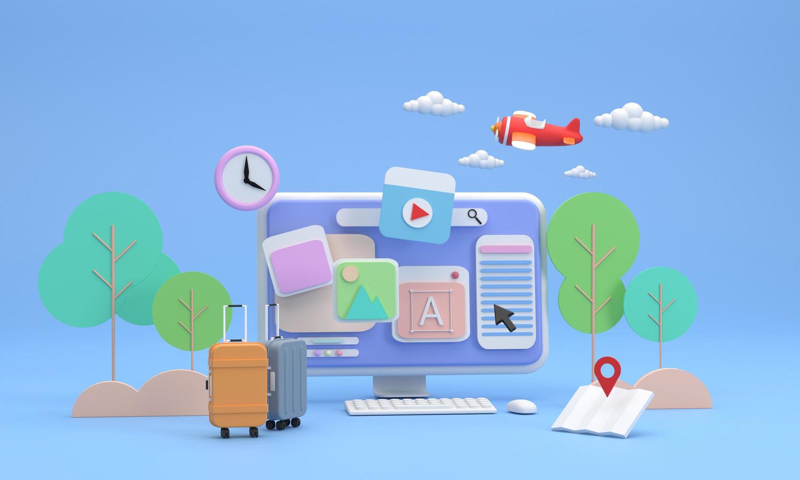 datorskärm som visar ikoner om resebilder och träd i bakgrunden. resväskor och kartor, flygplan och moln. känns som att leta efter en plats att besöka och sedan gå ut foto