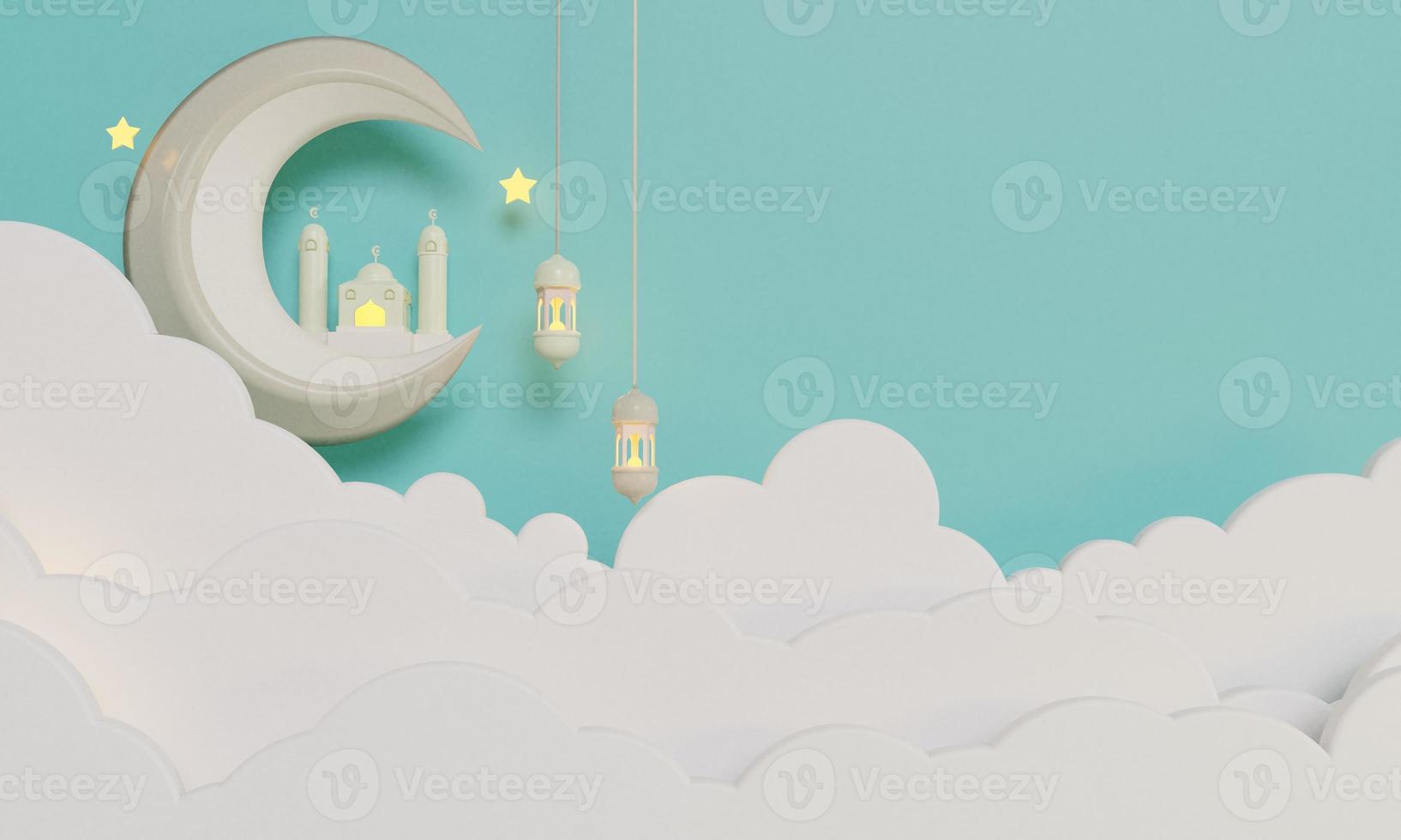 halvmåne moské lykta moln illustration bakgrund 3d foto
