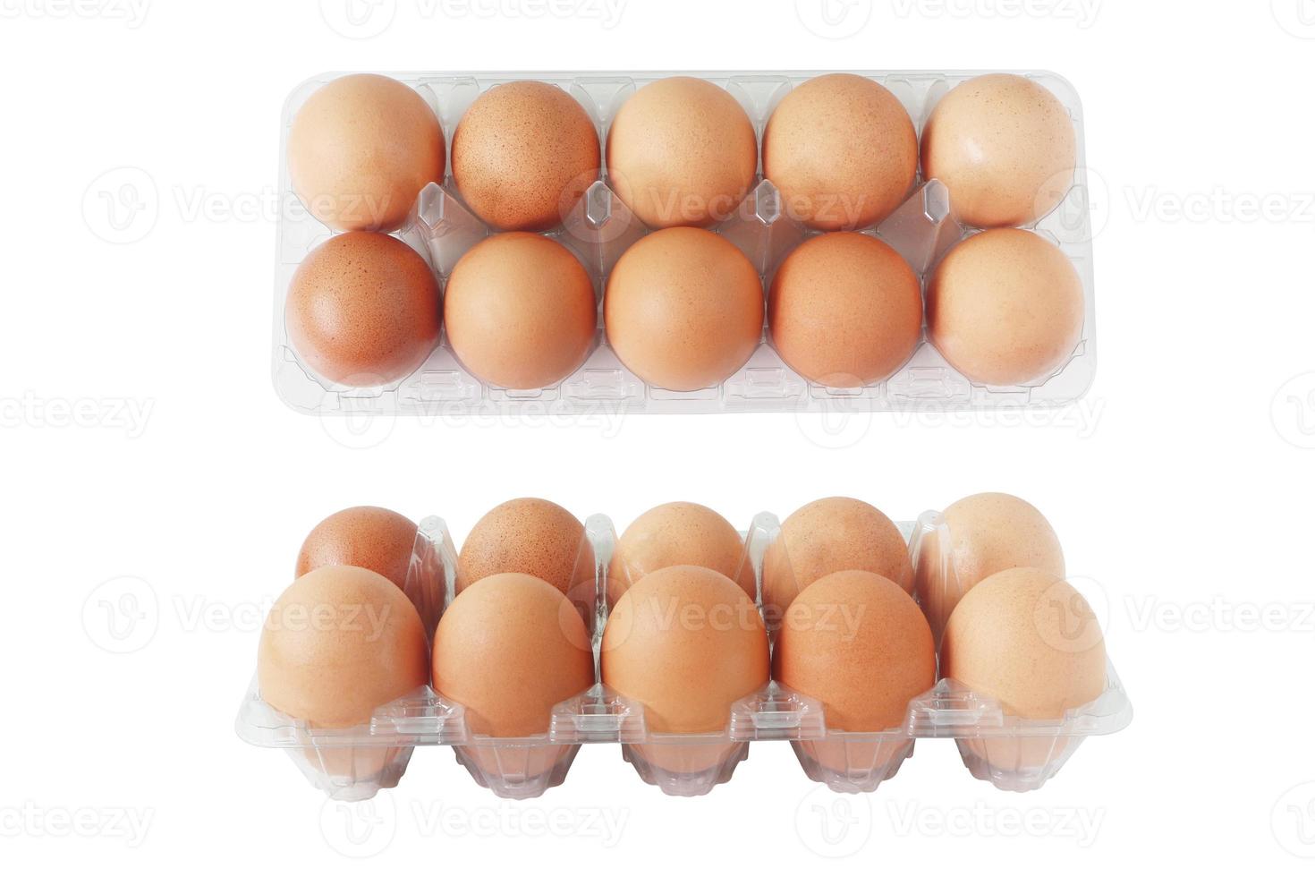 ägg av kyckling i plastbricka isolerad på vit bakgrund. ovanifrån och från sidan. foto