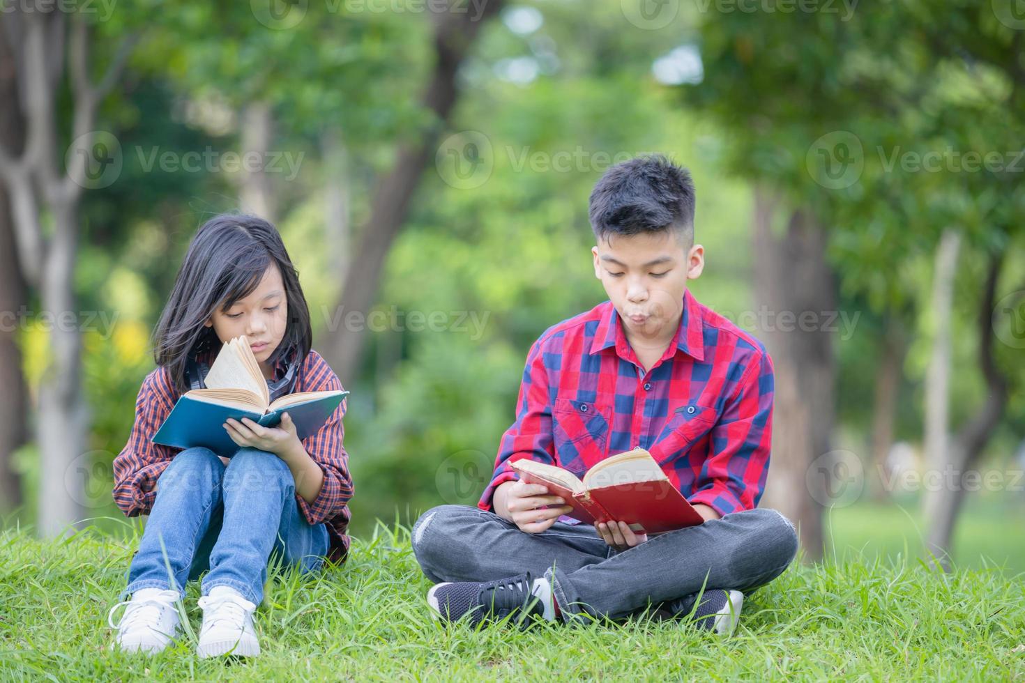 bror och syster sitter på gräset och läser boken i parken, barn leker utomhus lärande koncept foto