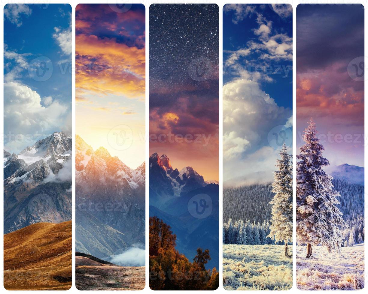 kreativa collage majestätiska berg under olika årstider. instagram foto