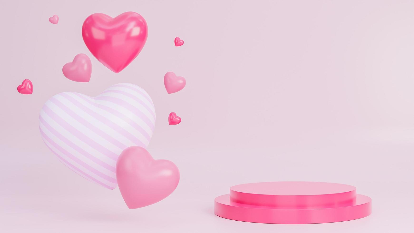 glad alla hjärtans dag banner med många hjärtan 3d-objekt och podium för produktpresentation på rosa bakgrund., 3D-modell och illustration. foto