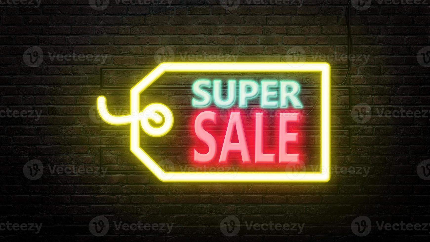 super försäljning tecken emblem i neon stil på tegelvägg bakgrund foto