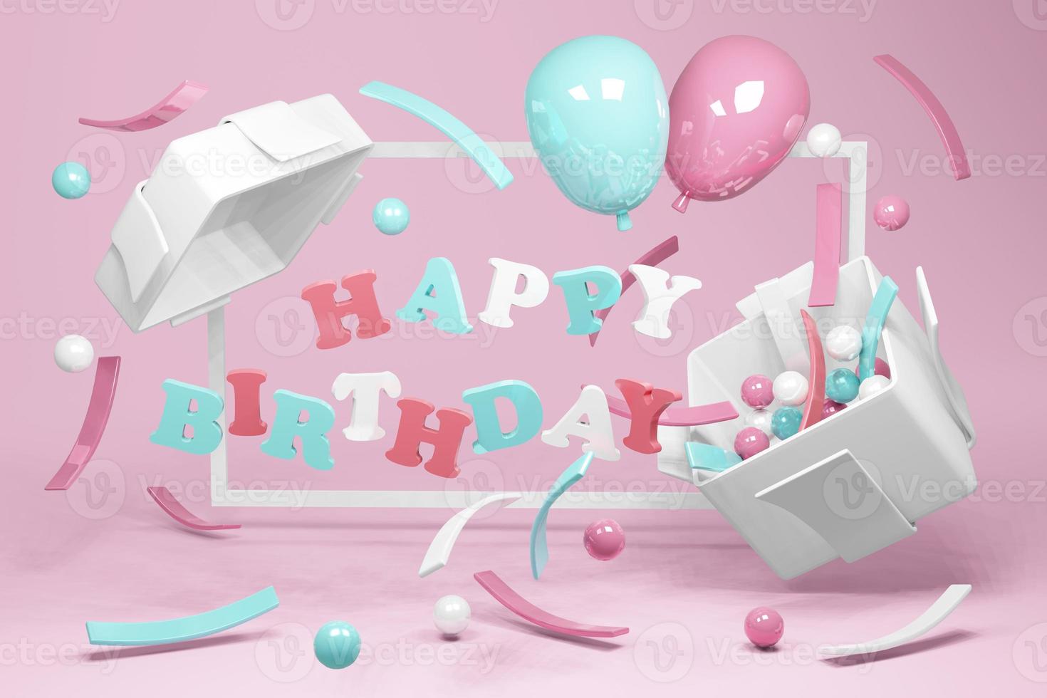 3D-rendering koncept av grattis på födelsedagen. realistiska blå och rosa pastellballonger och konfetti flyter från presentförpackning med text grattis på födelsedagen bakgrund. 3d rendering. 3d illustration. foto