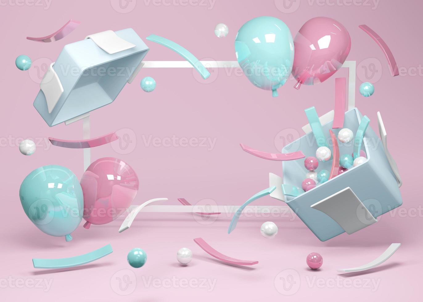 3D-rendering koncept av kön avslöja, baby shower, födelsedagsfest. realistiska blå och rosa pastellballonger och konfetti flyter från presentförpackning på rosa bakgrund. 3d rendering. 3d illustration. foto