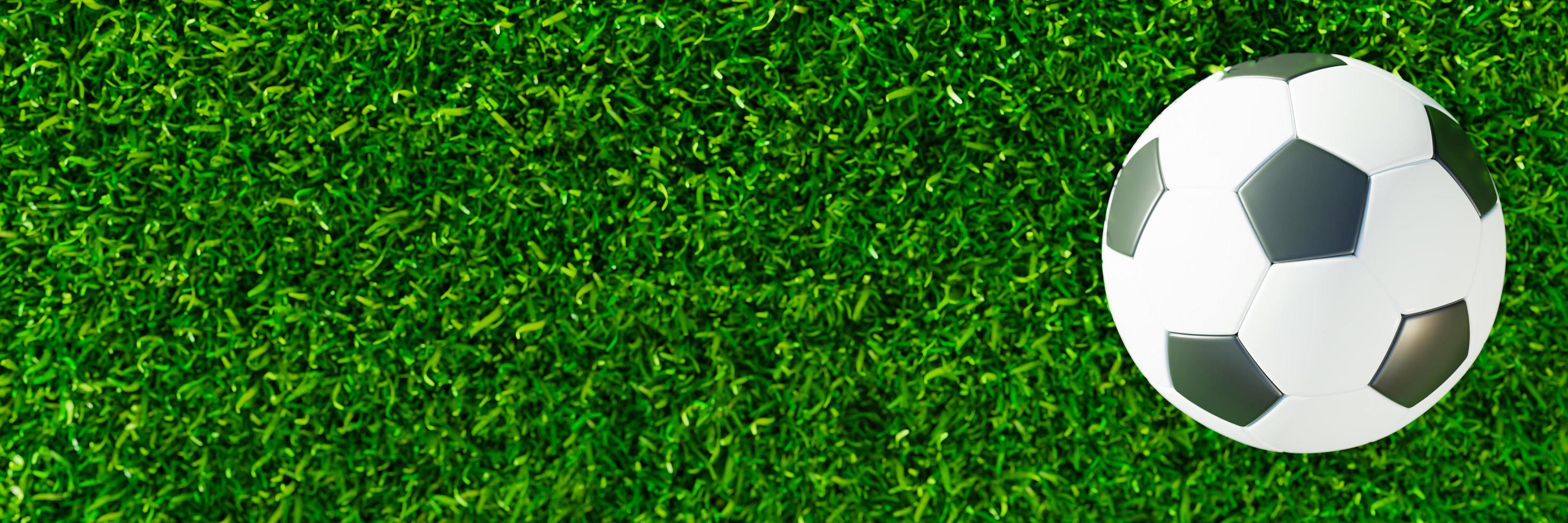 ovanifrån realistisk fotboll eller fotboll boll grundläggande mönster på grönt gräsplan med solljus och solsken. 3D-stil och renderingskoncept för spel. använd för bakgrund eller tapet. foto