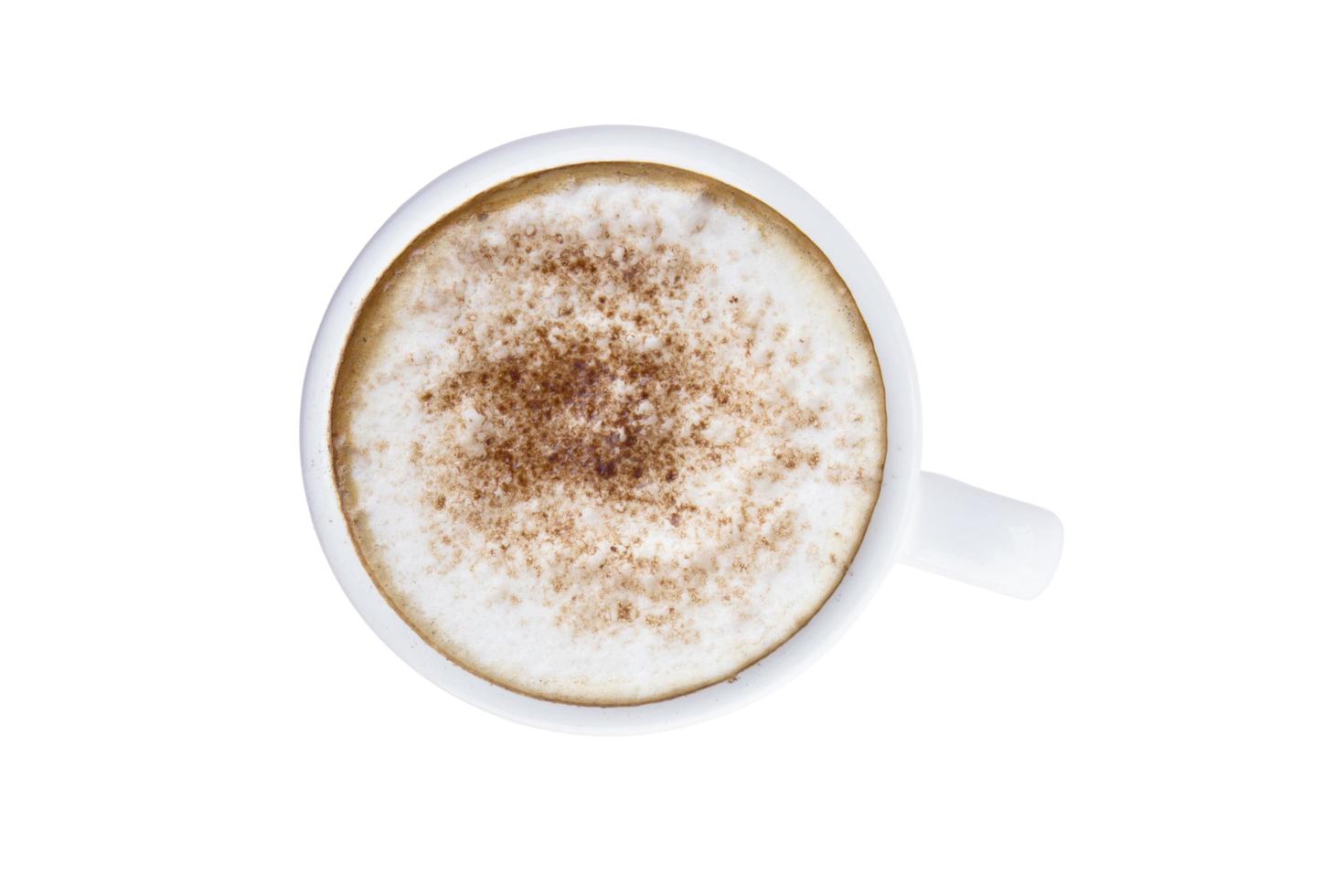 ovanifrån varm cappuccino i en vit kopp isolerad på vit bakgrund. foto