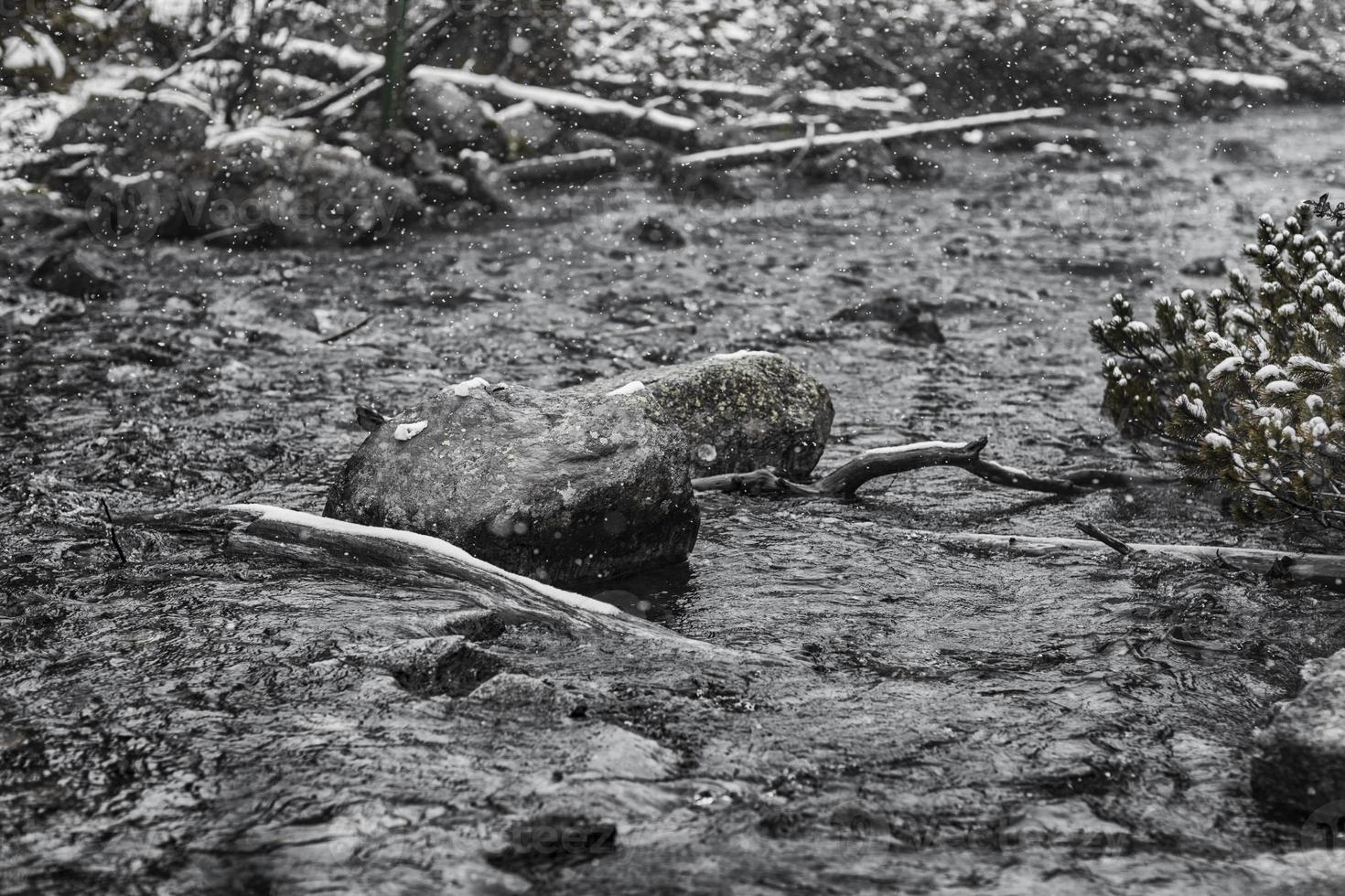 landskap av bergsfloder på vintern. stormigt vatten foto