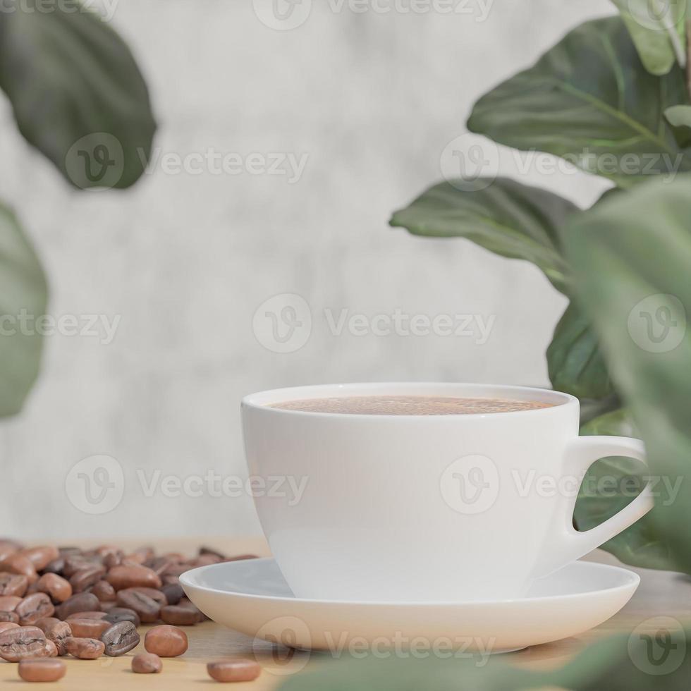 vit kaffekopp och kaffebönor på träbord med växt och vit tegelväggbakgrund. foto