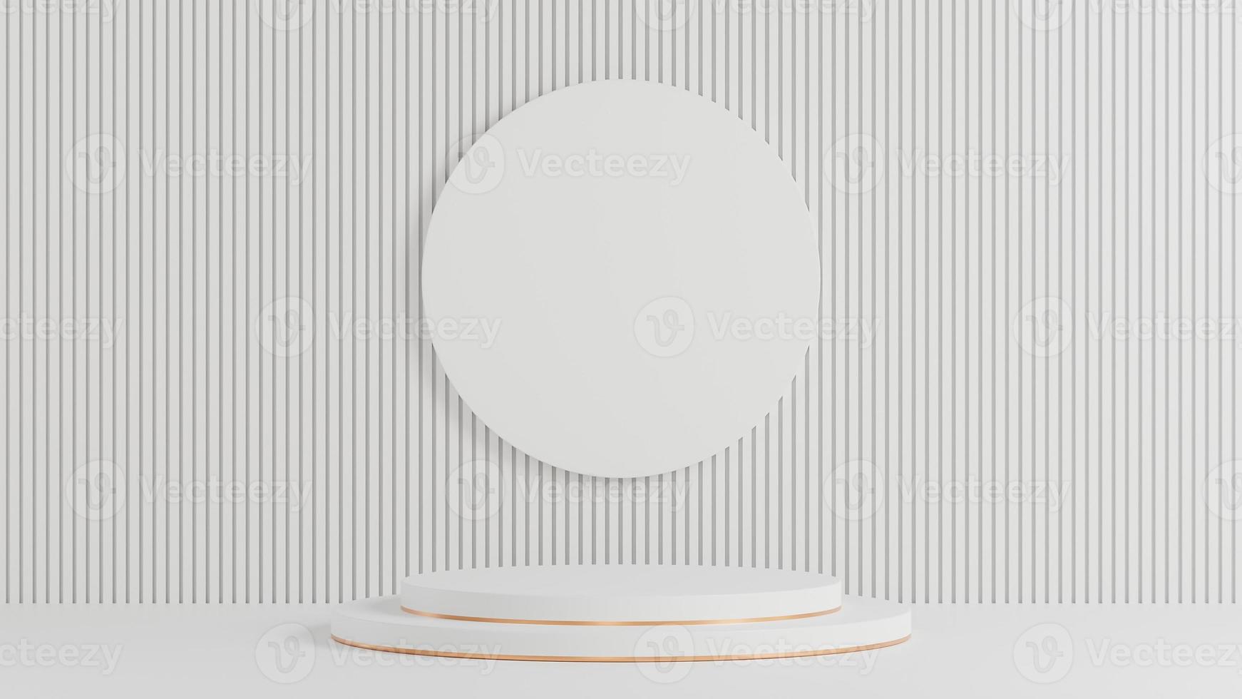vit cirkel podium för produktpresentation på vit ribba vägg bakgrund minimal stil., 3D-modell och illustration. foto