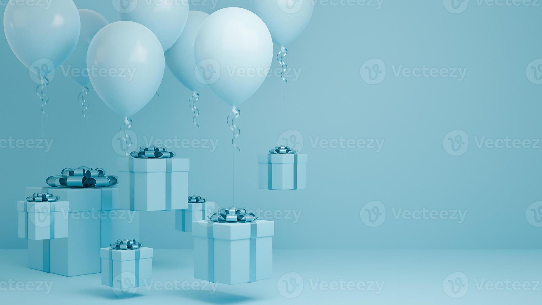 många presentask flyger i luften med ballong och blått band pastell bakgrund., jul och gott nytt år bakgrund koncept., 3D-modell och illustration. foto