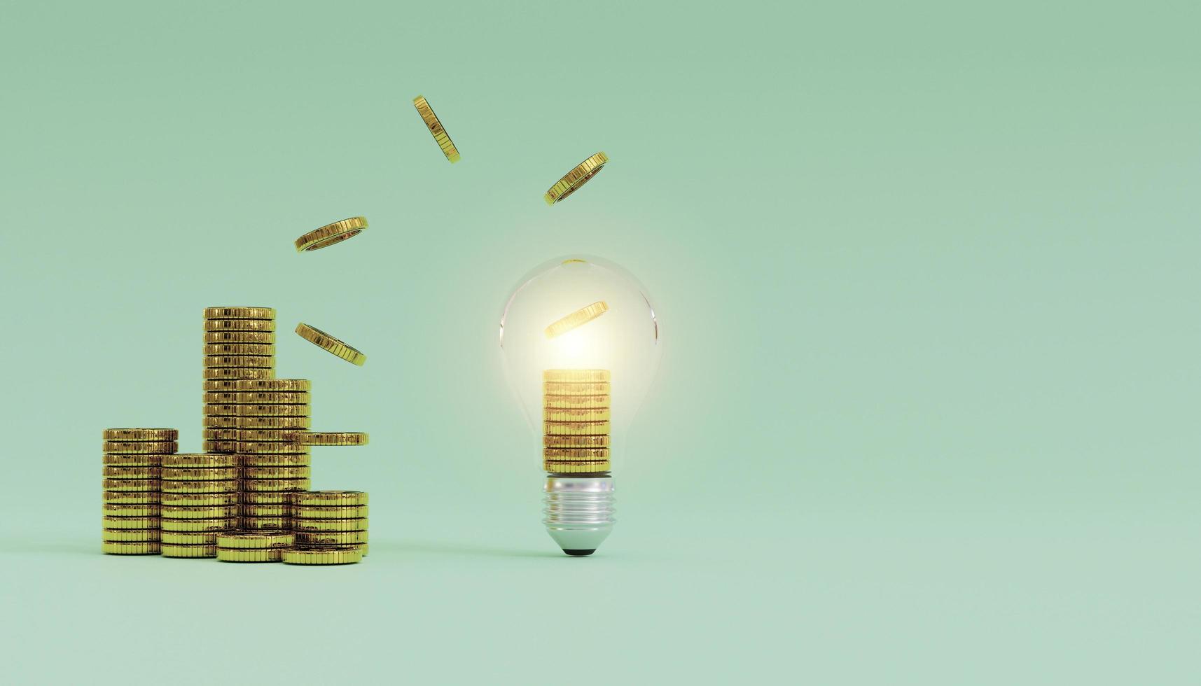 pengamynt som flyger från glödande glödlampa och gör en hög med mynt på blå bakgrund för kreativt tänkande idé och problemlösning kan tjäna mer pengar genom 3d-renderingsteknik. foto