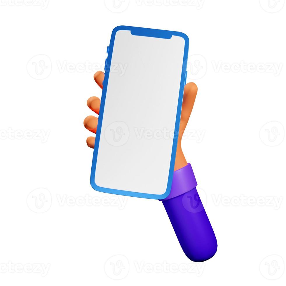 hand som håller en mobiltelefon. hand som håller en mobiltelefon med vit skärm. 3d rendering foto