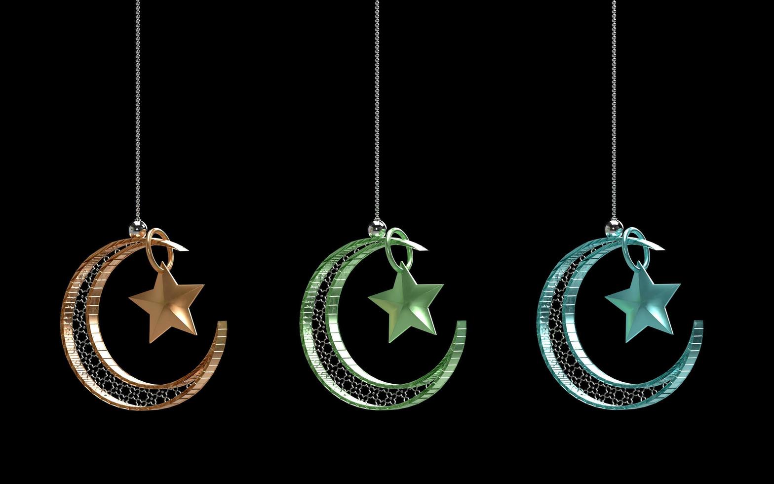ramadan kareem uppsättning 3d isolerad med metallisk halvmåne annan färg islamisk mening foto