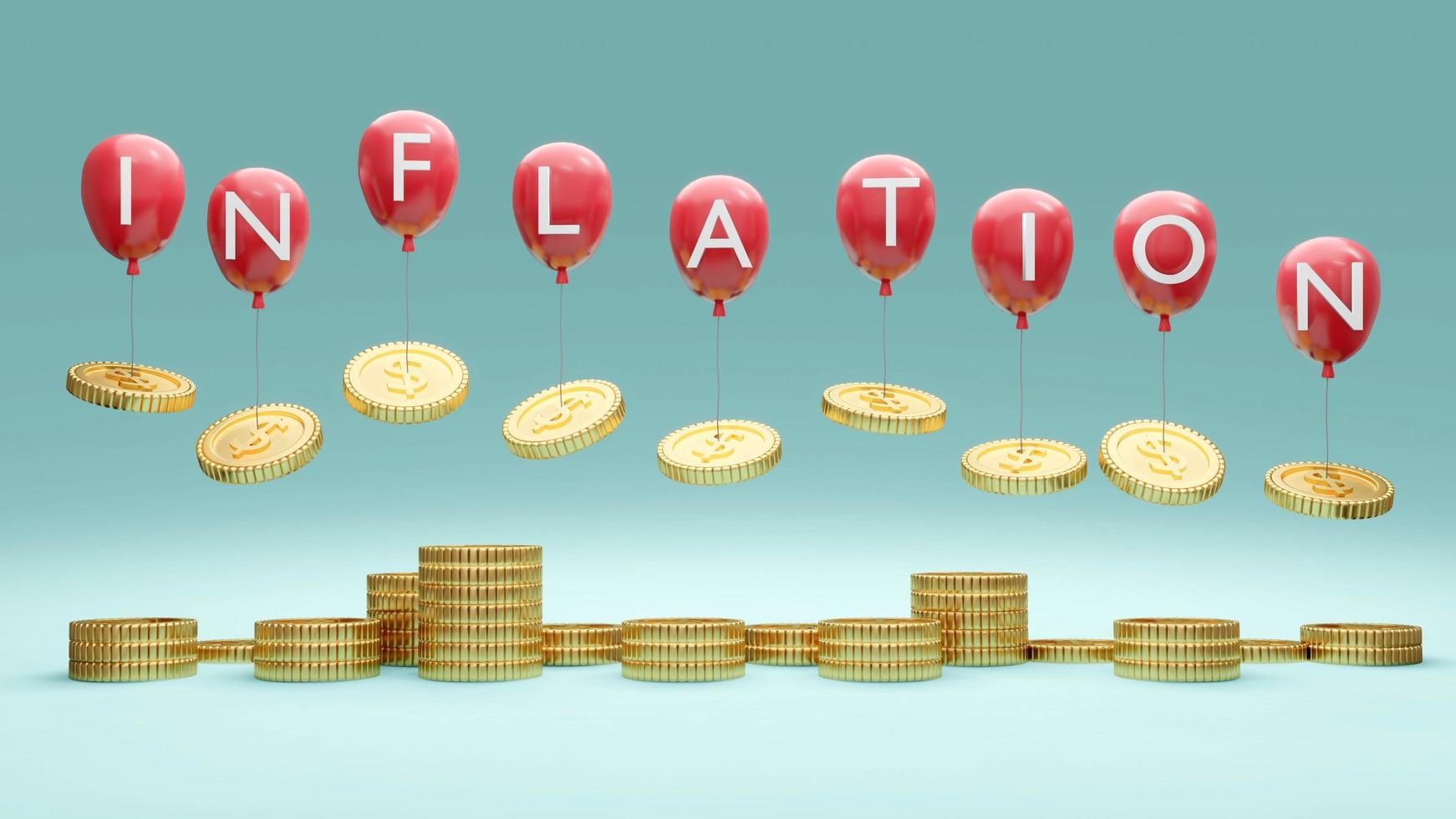 3D-rendering begreppet finansiell inflation. hög med mynt ballonger med text inflation tar mynt upp i luften på bakgrunden. 3d rendering. 3d illustration. foto