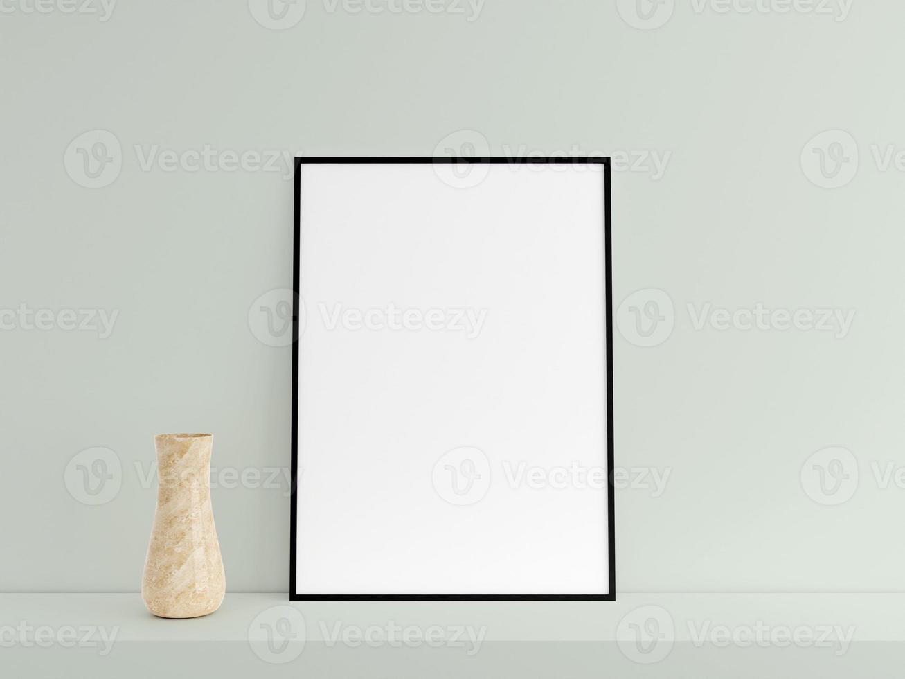 anpassningsbar minimalistisk vertikal svart affisch eller fotoram mockup på pallbordet med vas. 3d-rendering. foto