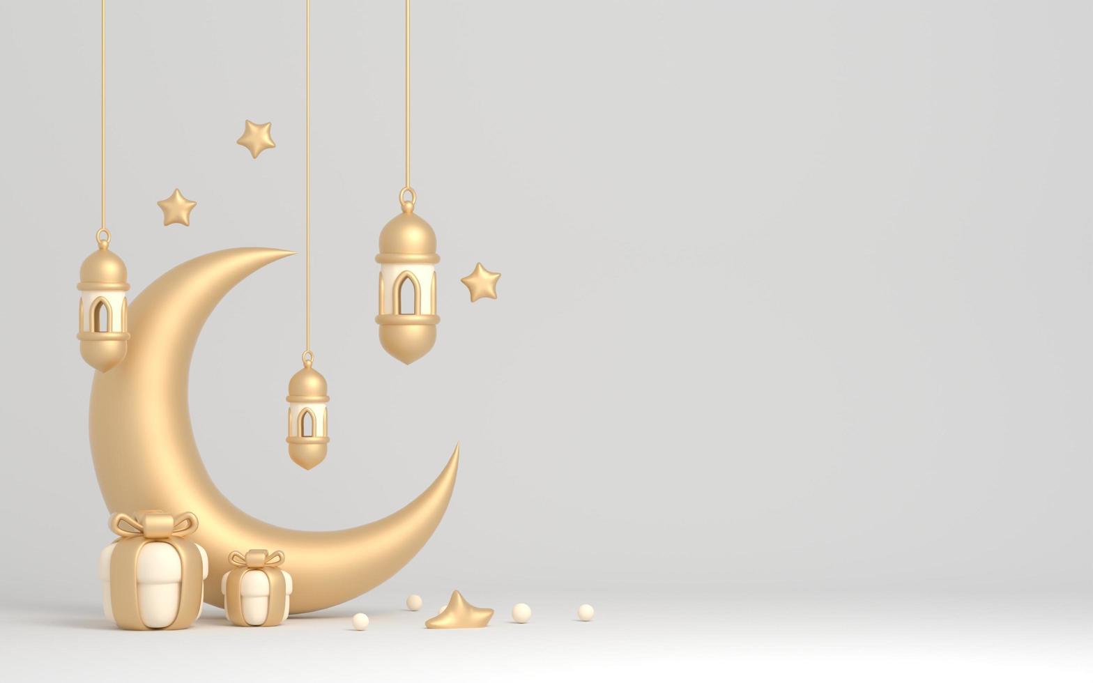 3D ramadanillustration med gyllene islamisk lykta och halvmåne på grått foto
