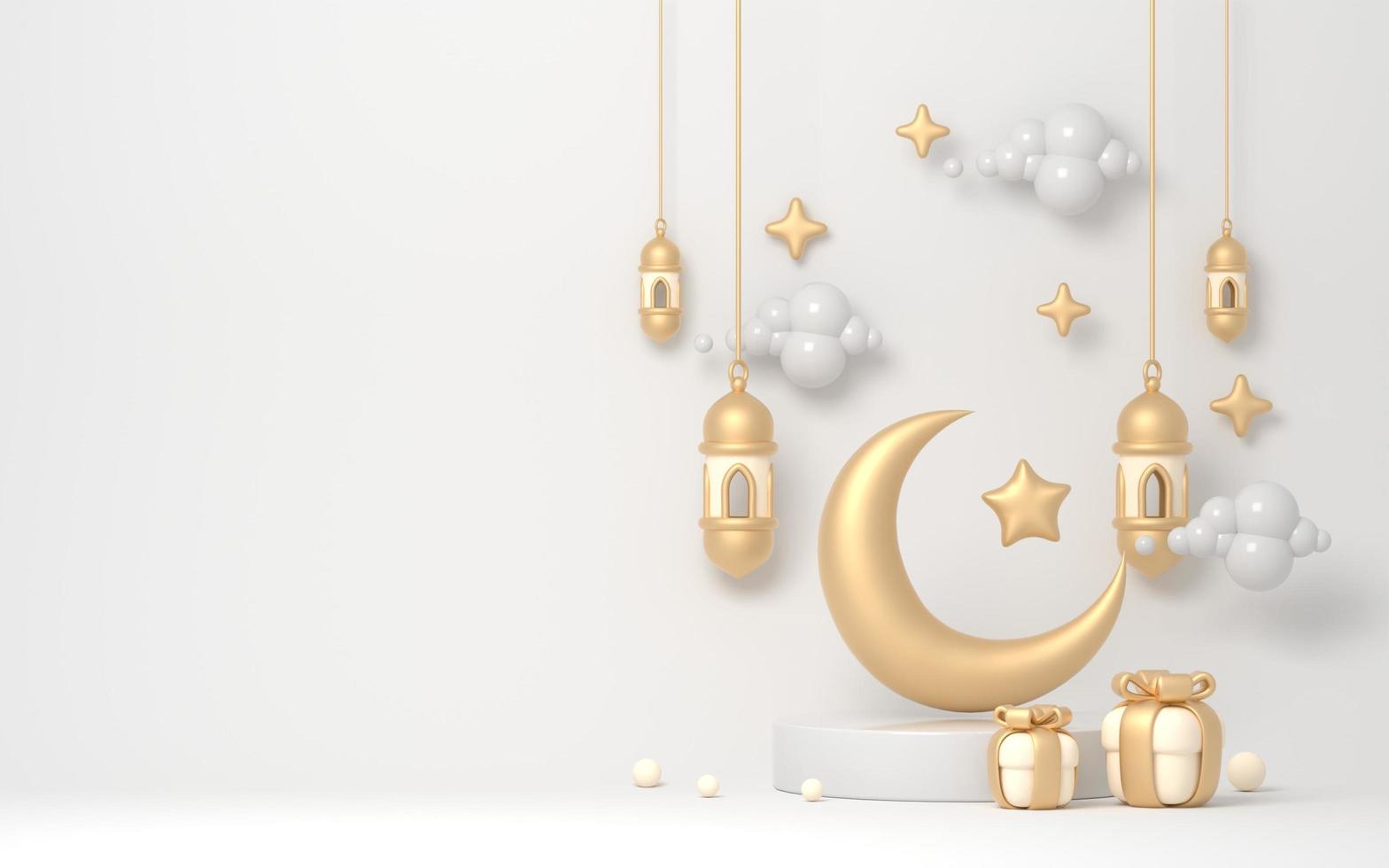 3D ramadanillustration med gyllene islamisk lykta och halvmåne på podiet foto