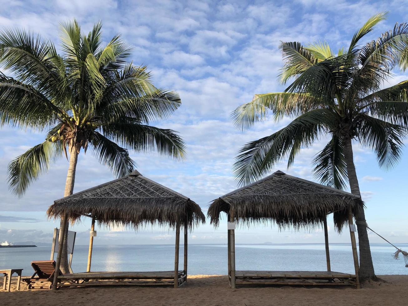 två små hyddor på stranden palmträd bakgrund foto