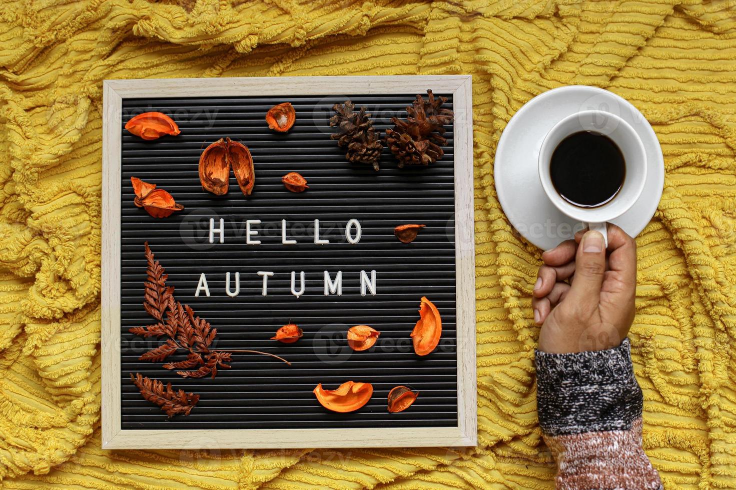 höstsäsong flatlay koncept med torra löv och kopp kaffe sammansättning foto