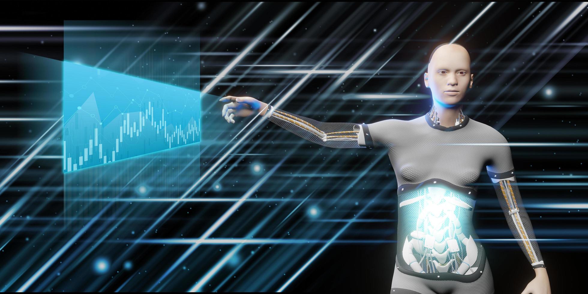 robot hand och aktiemarknaden bakgrund hologram graf aktiehandel ai framtida robot teknik 3d illustration foto