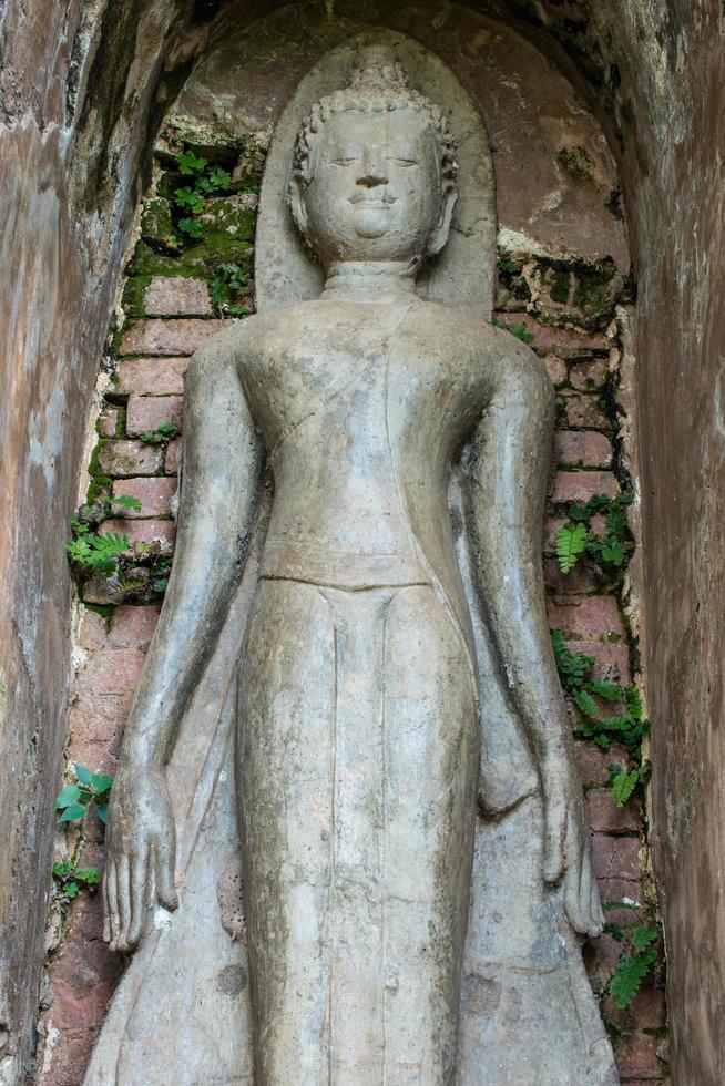 stående buddhastaty i chiang saen-stil belägen i hörnet av det gamla templet i chiang saen-distriktet i chiang rai-provinsen, thailand. foto
