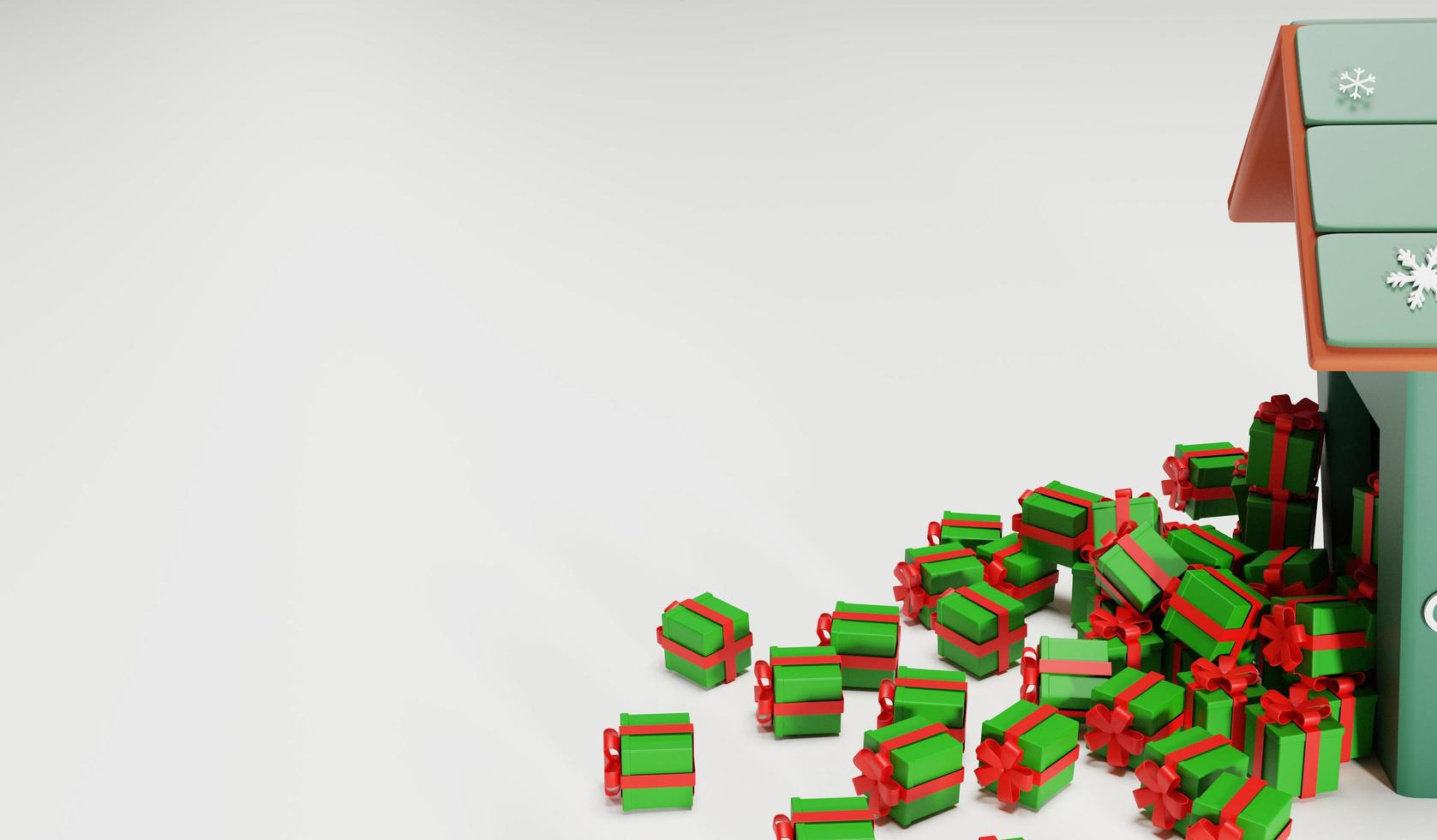 3D-rendering julhus och armé av nuvarande och vit bakgrund för kopia utrymme foto
