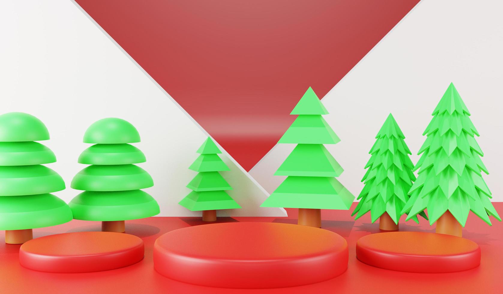 3D-rendering jul podium och julgran rekvisita låg polygon bakgrund foto