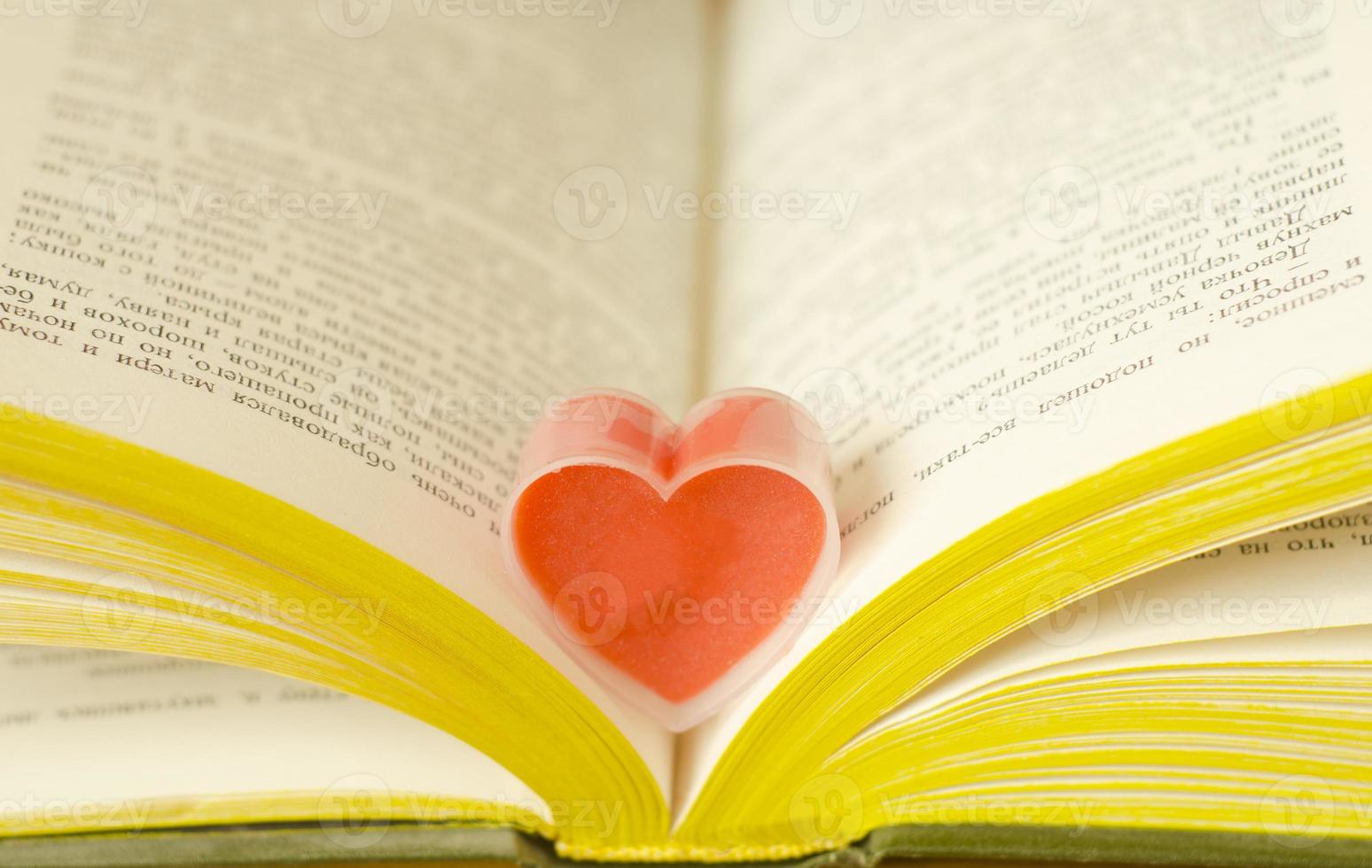 älskar hjärta på öppen bok. kärlek till böcker. foto