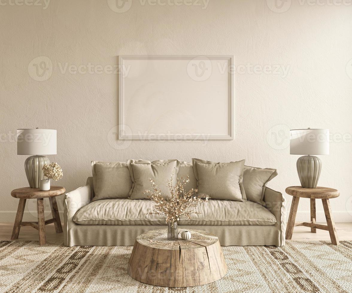 boho skandinavisk inredningsdesign vardagsrum. mock up beige tom vägg med trämöbler. 3D gör illustration varm beige färg. foto