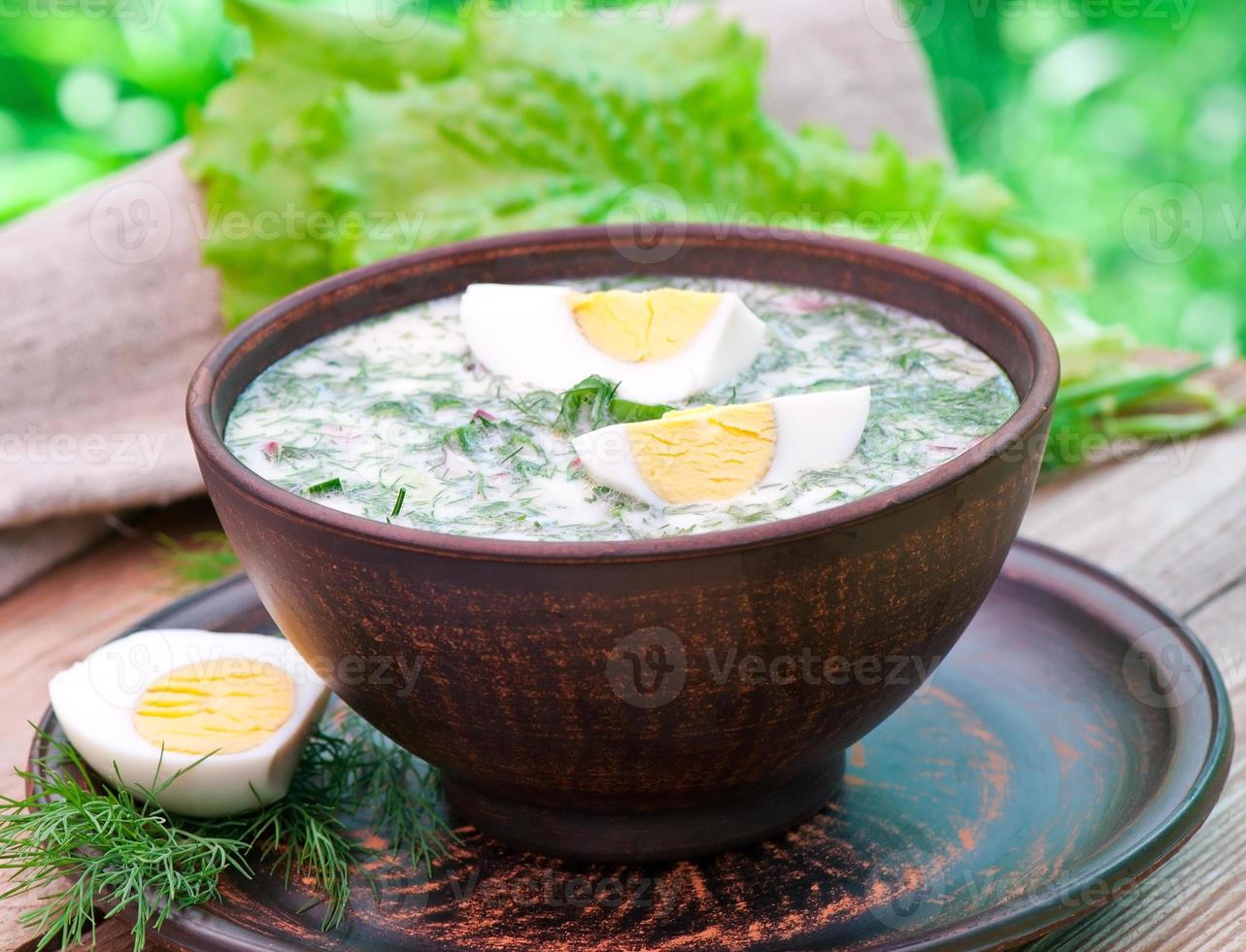 kall grönsakskefir soppa med ägg och gröna foto