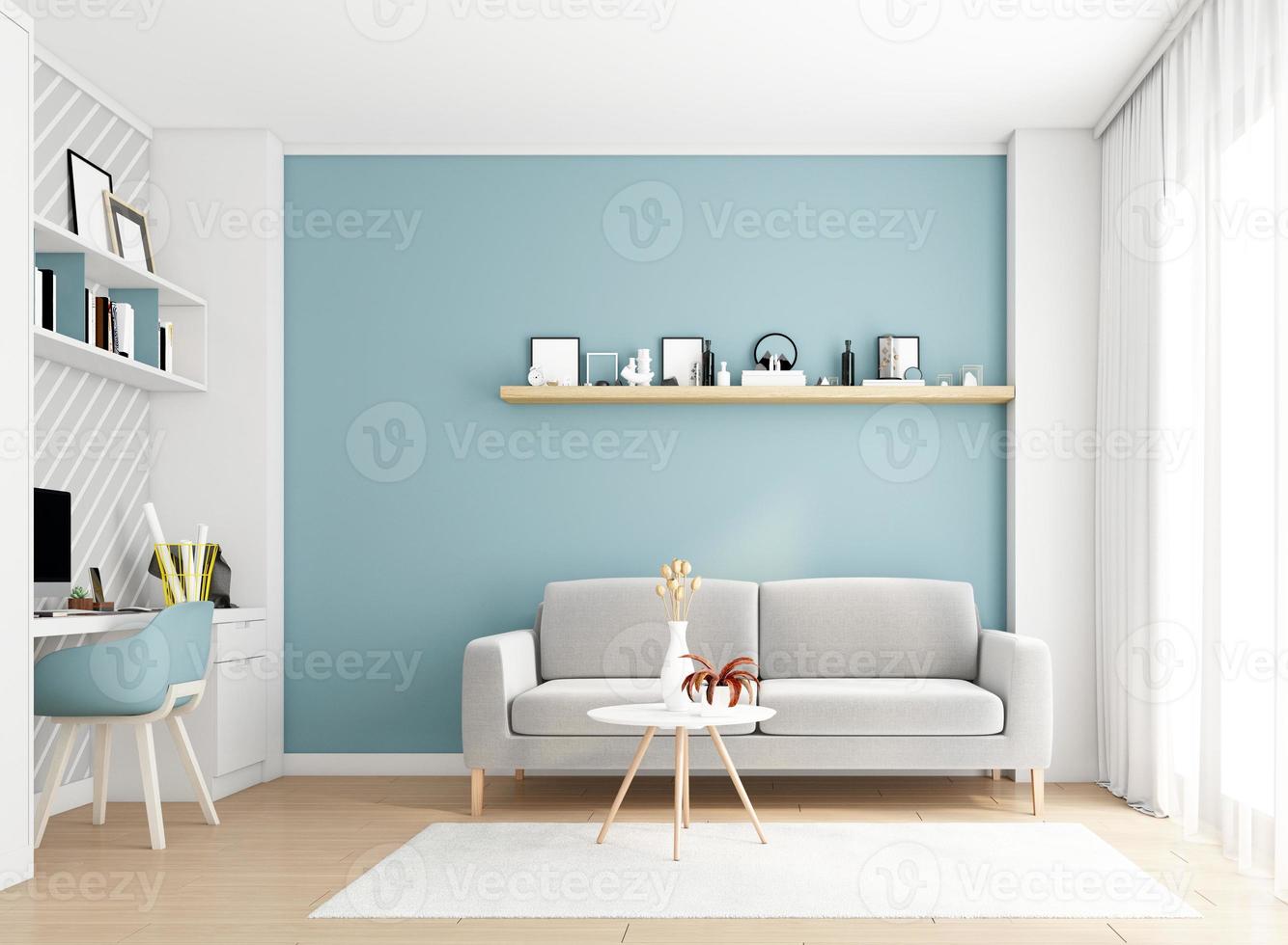 mysigt minimalistiskt vardagsrum med soffa och skrivbord. ljusblå vägg och trägolv, 3D-rendering foto