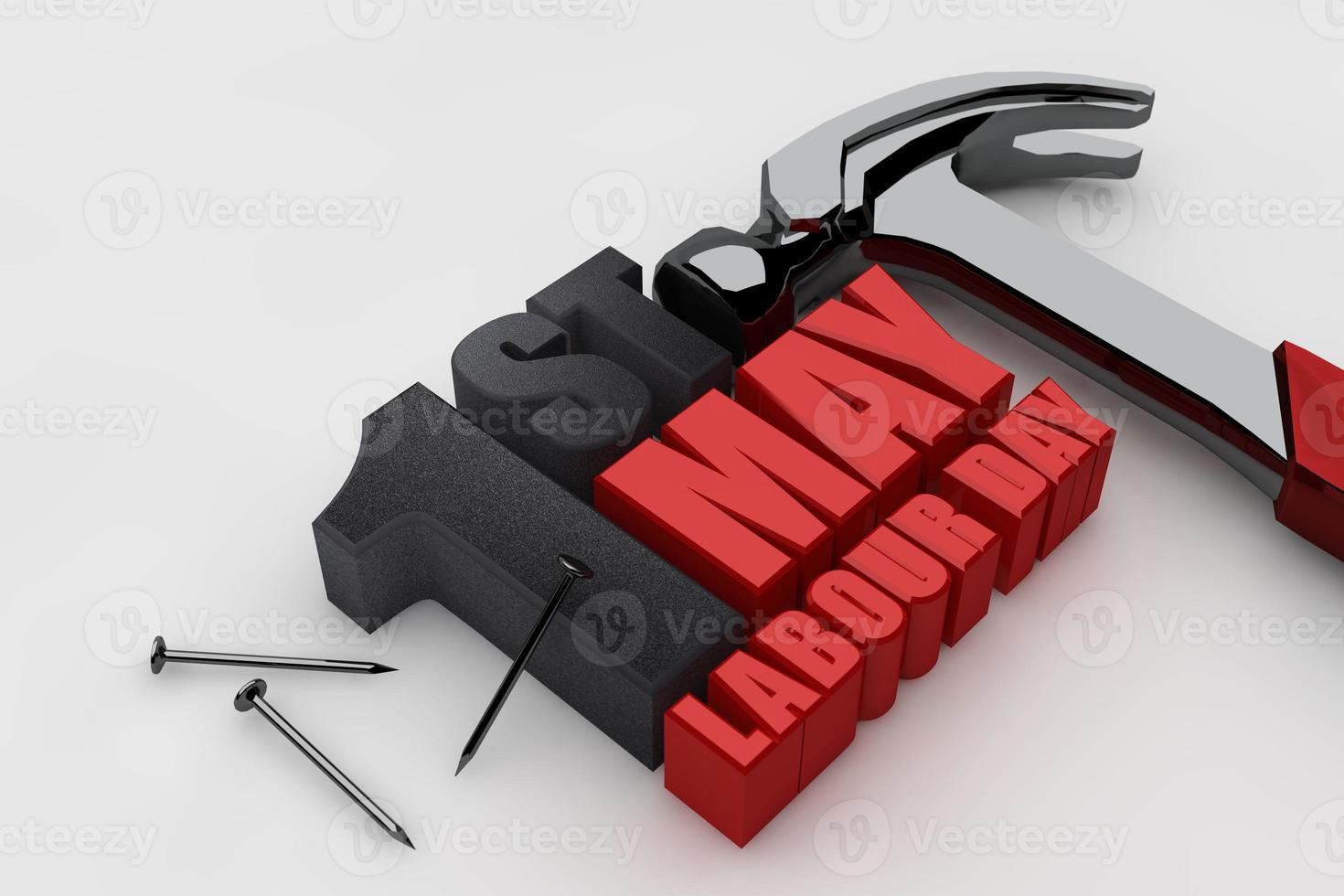 labor day koncept, 1 maj och röd hammare med spikverktyg. 3d rendering foto