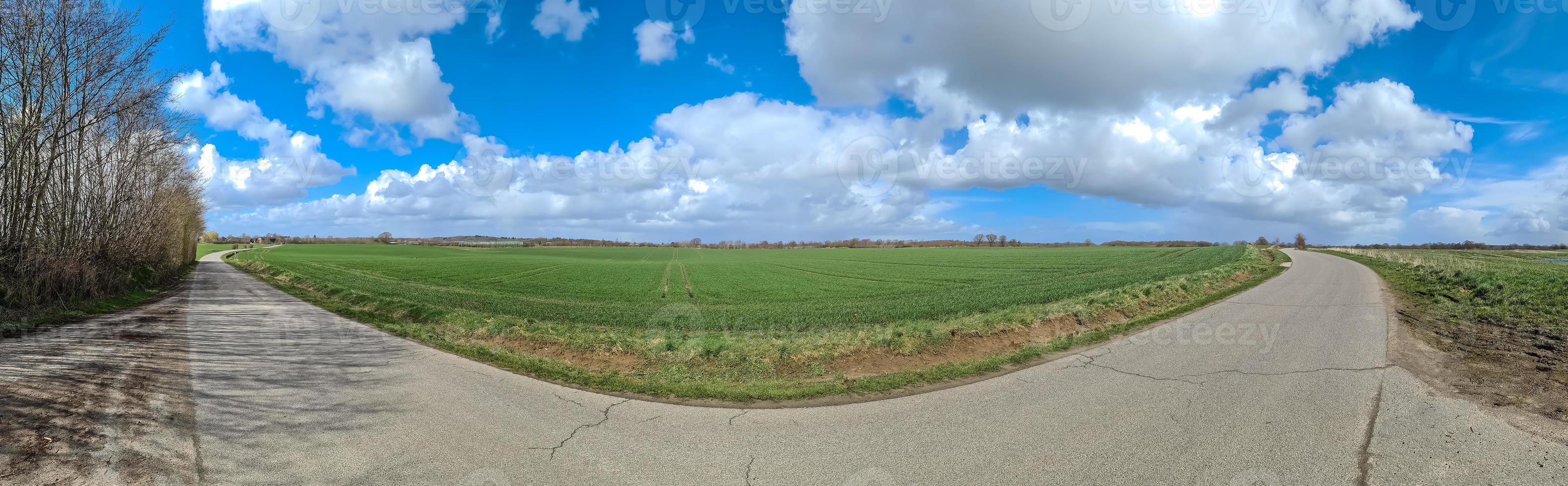 panorama av ett nordeuropeiskt landslandskap med fält och grönt gräs foto