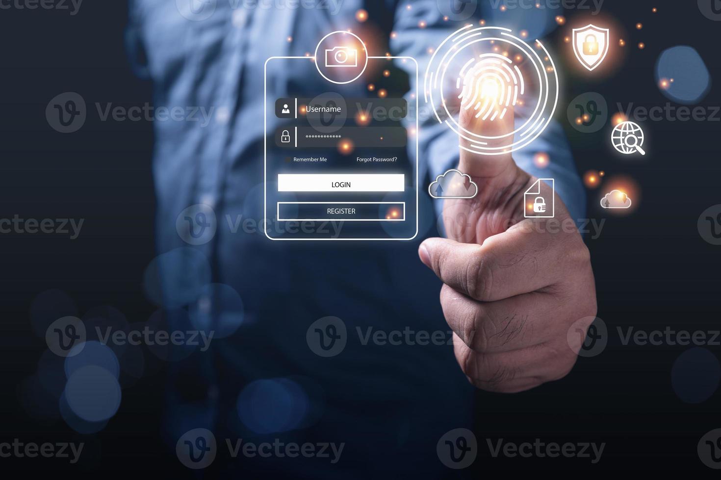 cybersäkerhetskoncept, fingeravsökningsinloggning, privat datakryptering, internetsäkerhet. affärsman som skannar fingret för att få tillgång till integritet och dataskydd från hackning. foto