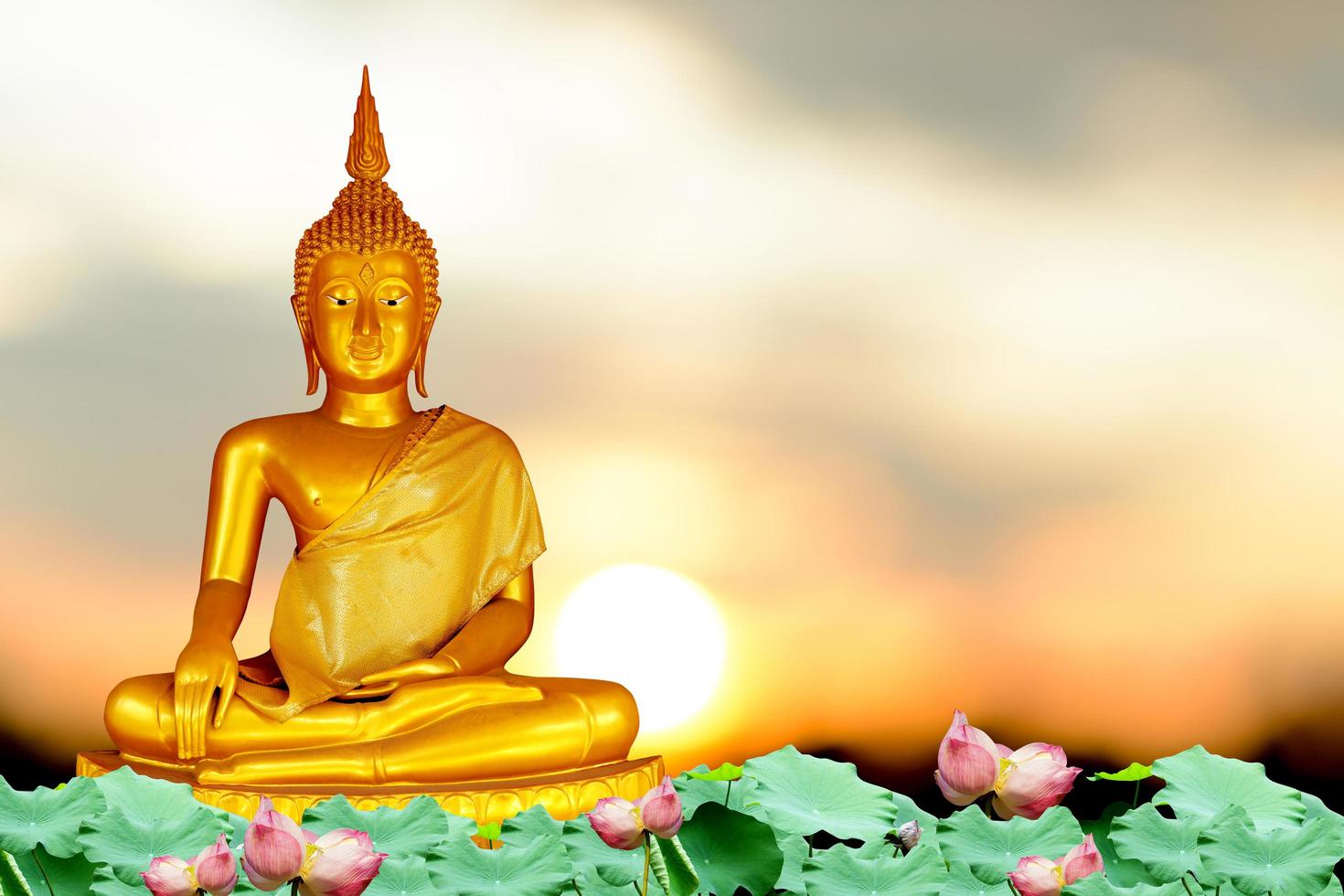 Buddha staty. bakgrund suddig blommor och himmel med ljuset från solen. foto