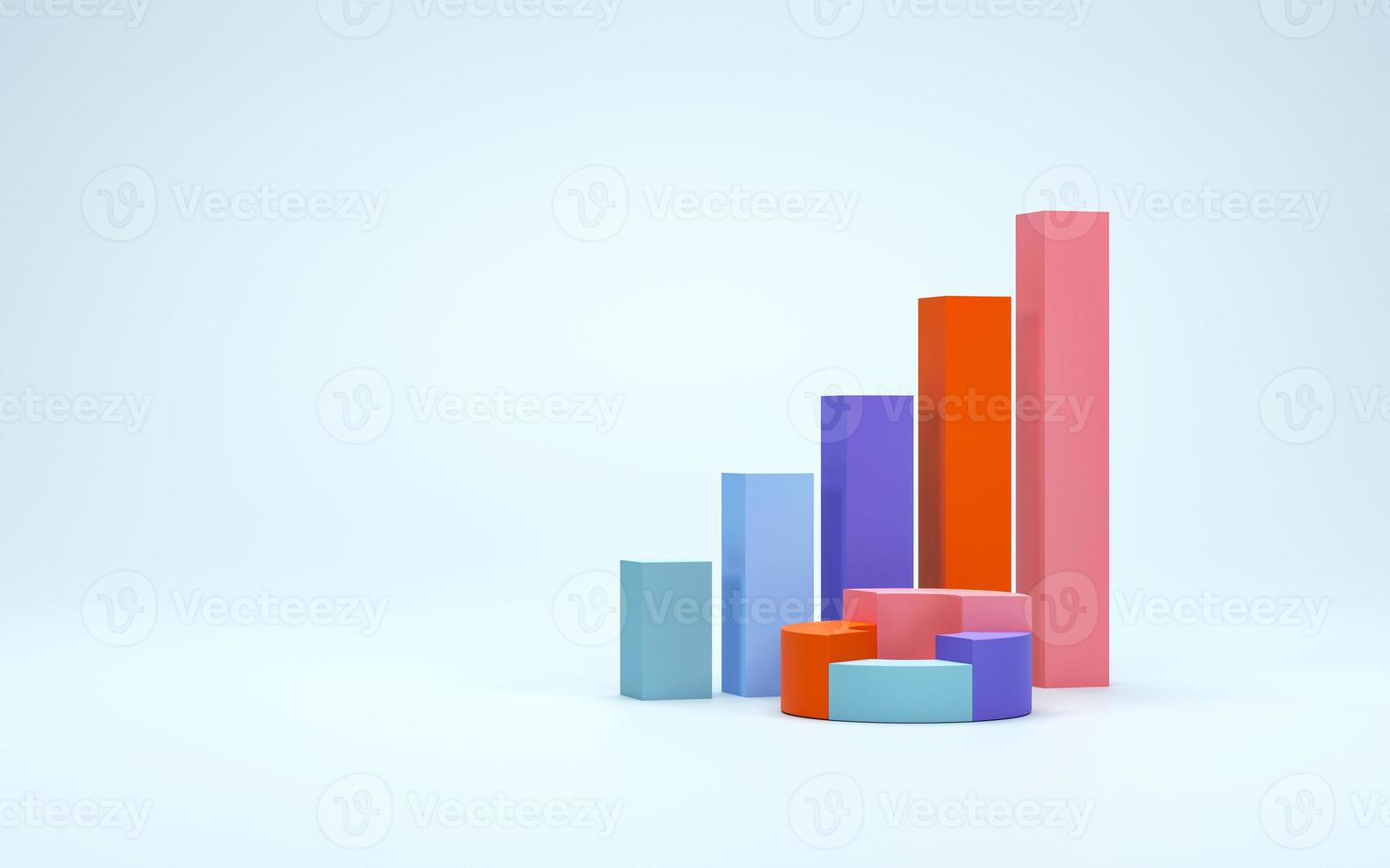 3D-rendering, 3D-illustration. stapeldiagram, cirkeldiagram och isolerad på vit bakgrund. stigande graf för framstegstillväxt. begreppet företagsfinansiering, investeringsekonomi, statistik. foto