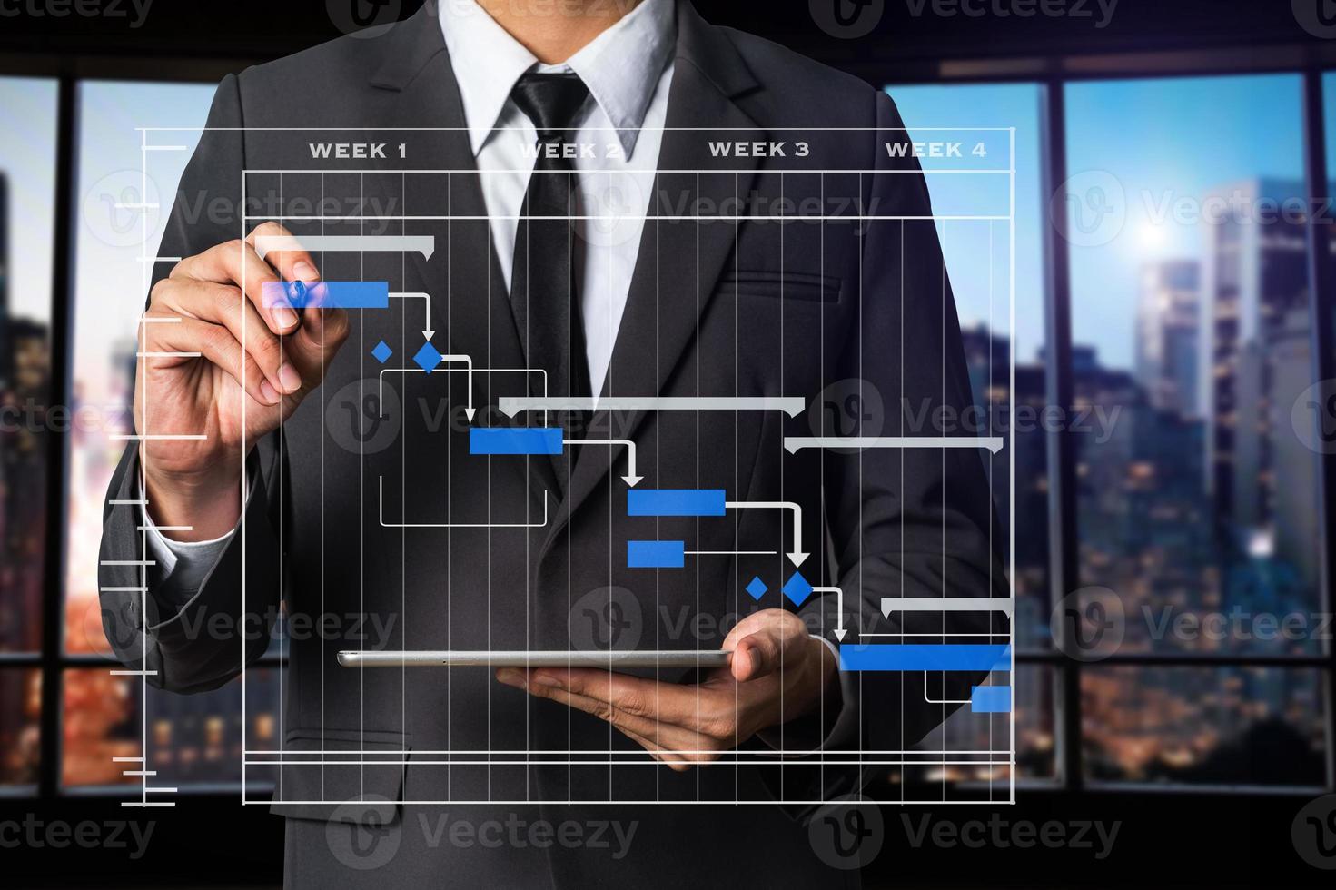 projektledare som arbetar och uppdaterar uppgifter med milstolpar framstegsplanering och gantt-diagram schemaläggning. affärsspårvagn arbetar på kontoret foto