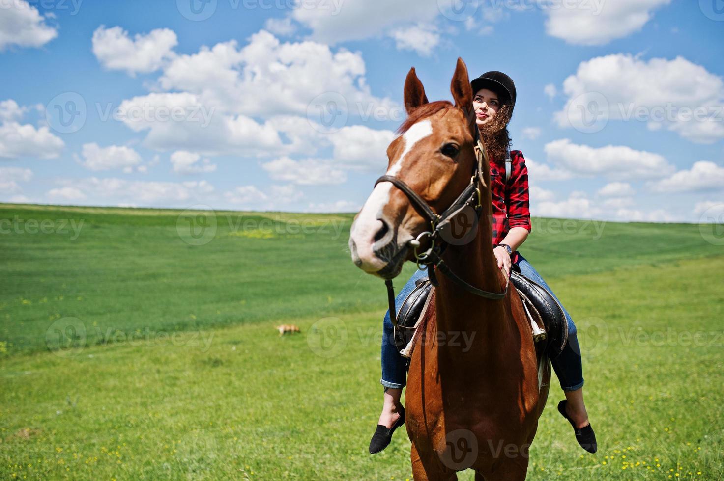 ung söt flicka rider en häst på ett fält på solig dag. foto